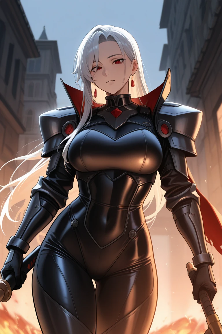 1girl,gigantic breasts,standing in ruined city,(8k),scratches,detailed face,white hair,red eyes,long hair,embarassed,small smile face,high_res, high_definition,the battlefield,Heroic pose,dark suit,(symbiote spider man Custome:1.1),