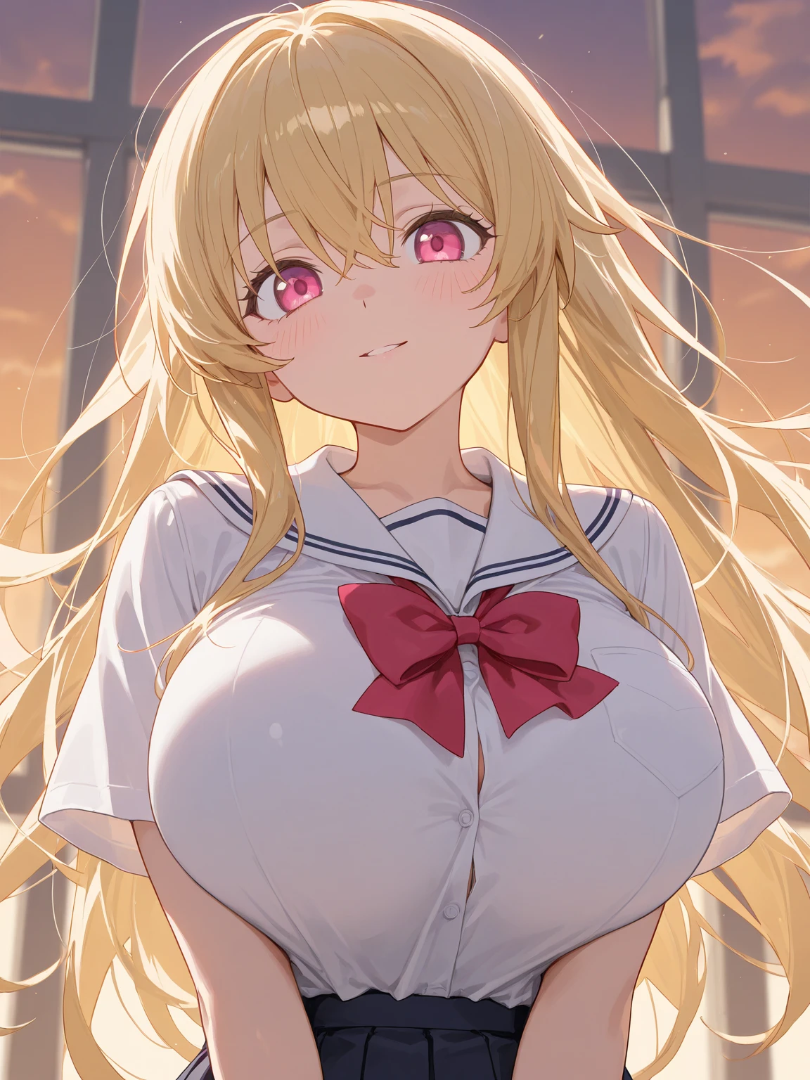 (masterpiece、top-quality、detaileds)、master piece、High resolution、ultra-detailliert、1 girl in、a blond、独奏、Urban area in the background、hair-color、Eye color、Pretty eyes、The upper part of the body、facing front、Body Up、perspiring、Glaring、Clenching teeth、red blush、Clean fingers、Plain clothe、Dressing、Exposing the chest、teats、NSFW