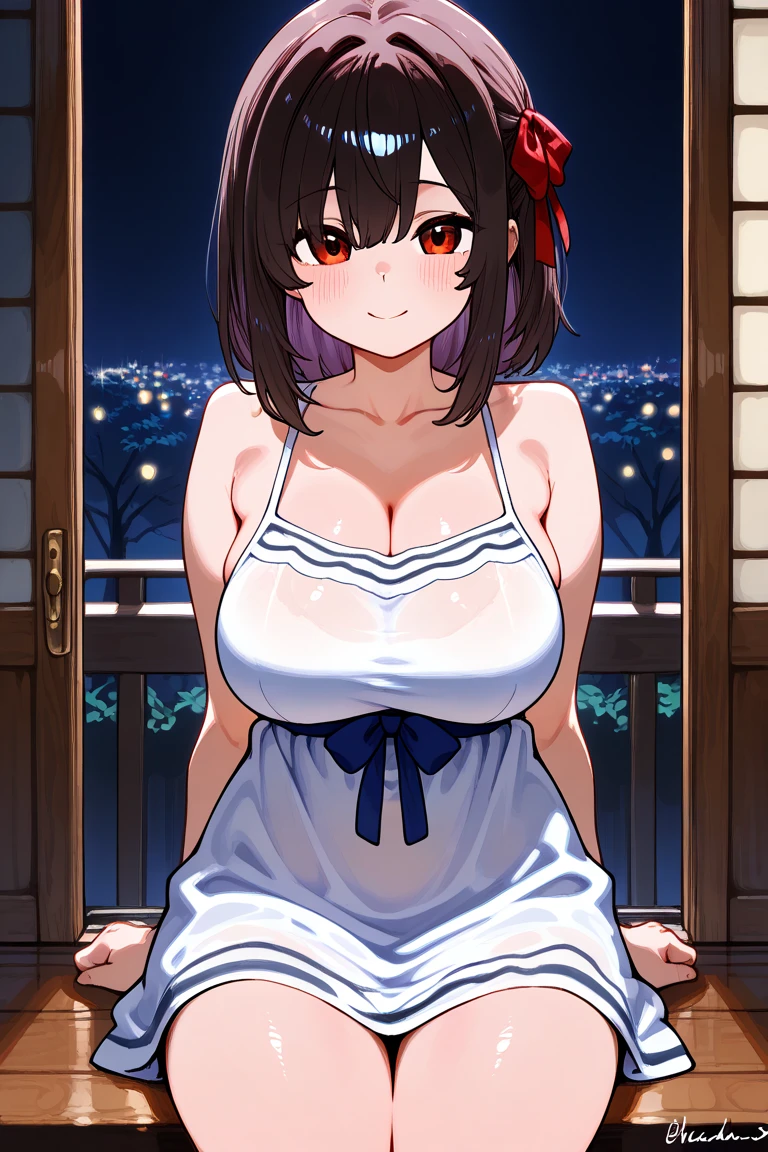 ((1girl)),((alone)),Rui tachibana,(masterpiece), (best quality), (ultra detailed), (best illustration), (best shadow), (absurdities), sharp focus, cowboy shot , dynamic posture looking at the viewer, big breasts, narrow waist, wide hips, wide thighs, round butt, erotic, romantic, (very detailed eyes, lips 1.1), very detailed eyes, eyes, Very detailed face, Very beautiful face, height full, beautiful slim figure, femininity, expressive appearance, elastic big breasts, sexuality, short hair, red eyes, dark blue hair, necklace, jewelry, off-the-shoulder sweater, blushing, bag, cleavage, bare shoulders, closed mouth, dress , collarbone, bangs, dark blue sweater, wedding ring, long sleeves, bare legs, black heels, defined body, perfect and beautiful body, perfect and beautiful, closed mouth, smile, seductive smile, blushing, (sexy pose: 1.2) , ((solo)), standing: 1.3, exterior, city cityscape, street, clear sky, night, city lights, looking forward, ((focus on hips)), point of view: (from middle) , red blush, perfect anatomy, perfect hands