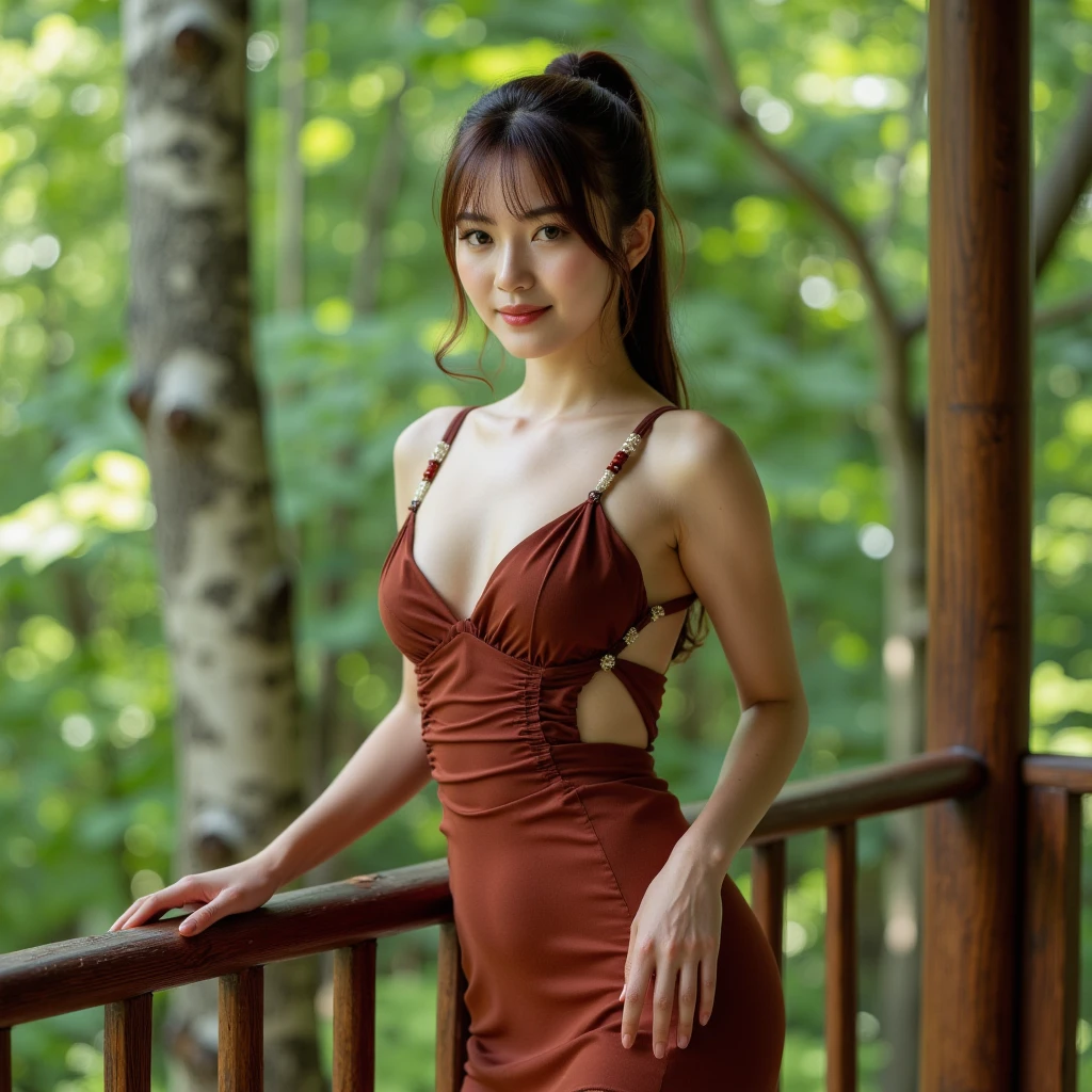 Generate the image of Korean girl made tea at Indian tea stole , capture full body of the girl, wearing brown colour gown, looks awesome details juicy lips, details eyes, awesome weather, many people around her watch tea .