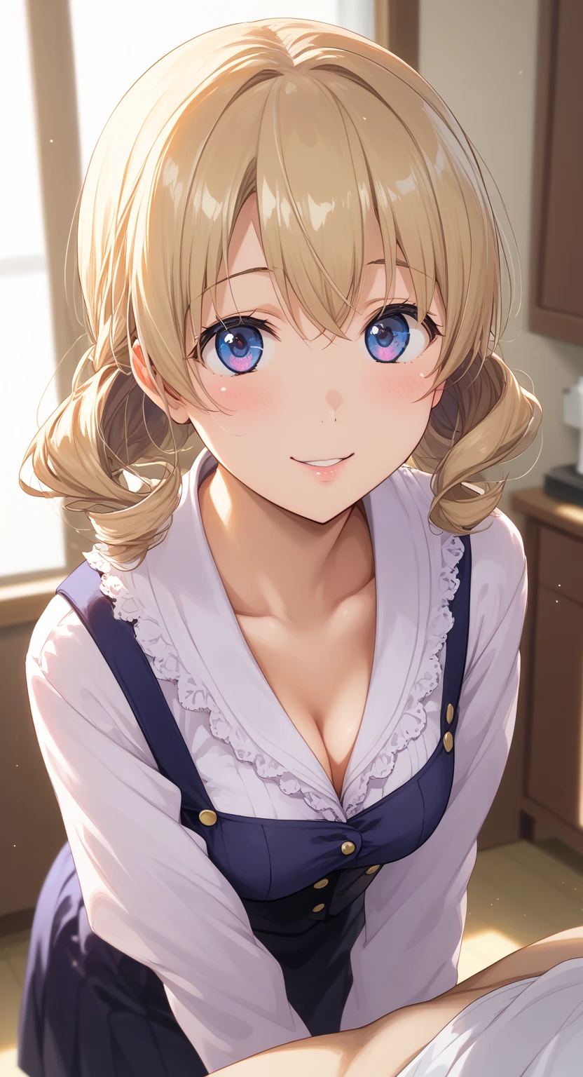 irohaisshiki, iroha isshiki, long hair, brown hair, (brown eyes:1.5), Smile, smile, open your mouth,ponytail,blush,smile,Maid clothes,bare chest,Medium chest,she was wearing a long skirt, black pantyhose, 
break indoors, room,
break looking at viewer,
break (masterpiece:1.2), highest quality, High resolution, unity 8k wallpaper, (shape:0.8), (fine and beautiful eyes:1.6), highly detailed face, perfect lighting, Very detailed CG, (perfect hands, perfect anatomy),