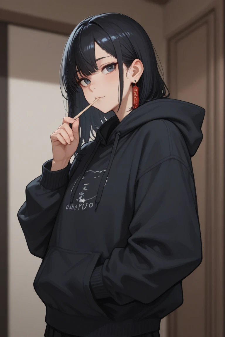 Japanese drama street background,Night street background,Neon light,Background blur,颓废Girl,Heavy dark circles,Black sweatshirt,宽大Black sweatshirt,Loose fitting robes,Smoky makeup,smokes,Smoking,Cigarette in hand,Smoking姿势,Squatting,Girl蹲在街头,Side view,Horizontal lens,Dark光影,Dark,Dark灯光,Dark光照,Baggy pants,Girl