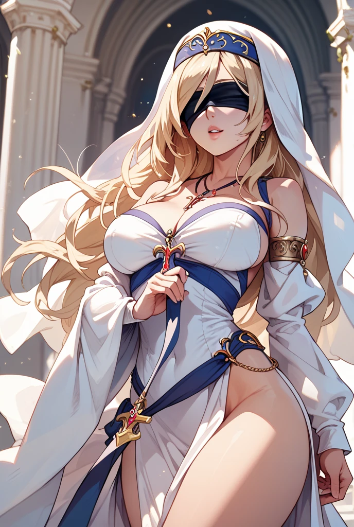 <lora:GoodHands-vanilla:1>, (masterpiece, 8k wallpaper,  best quality:1.2, ((cowboy shot)), best quality:1.2, NICE HANDS, COLORFUL, (perfect hands, perfect anatomy, (illustration:0.8))), sword maiden, long hair, blonde hair, blindfold, (black blindfold:1.2),  dress, necklace, white dress, sandals, habit, CLEAVAGE, ((medium breasts, nedium  hips, pelvic curtain, blushed, looking at the viewer, cleavage, single color background, black background))