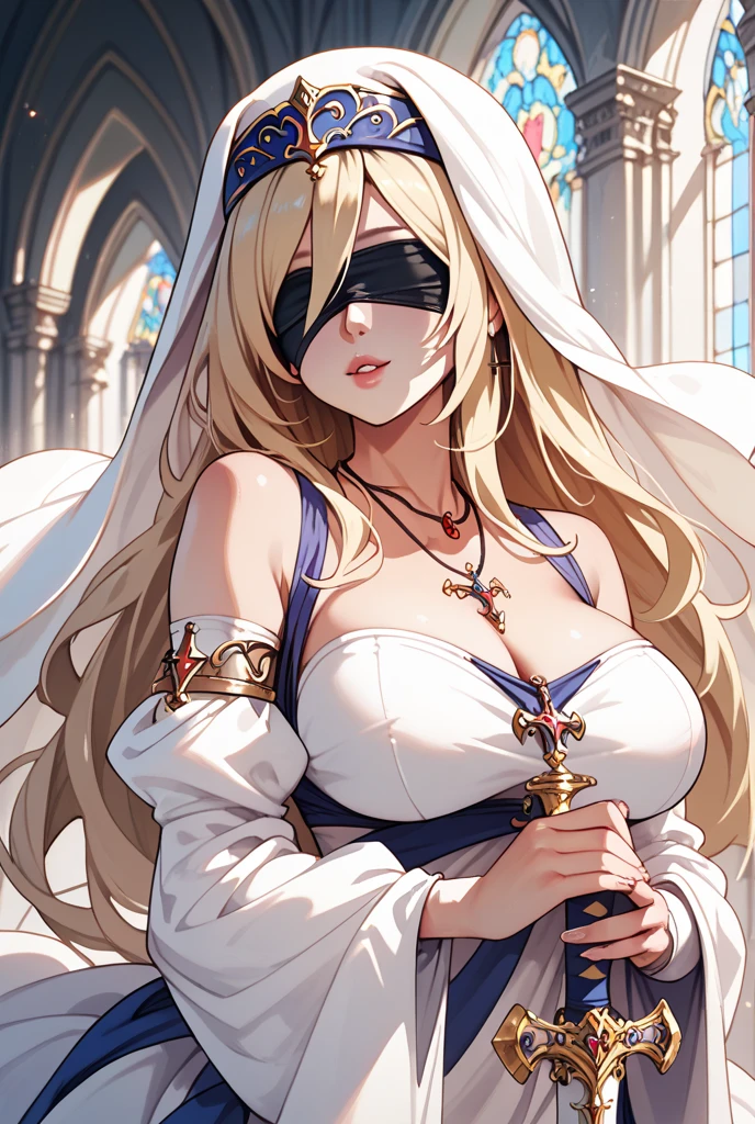 (masterpiece, top quality, best quality, official art, beautiful and aesthetic:1.2), 1girl, long light blonde hair, messy hair, (wearing black blindfold:1.3), large breasts, cleavage, (white revealing robe, gold trim), (white hood:1.2), extreme detailed, colorful, perfect face, upper body, HDR, (praying:1.3), (light streaks), striking visuals, vibrant colors, temple background