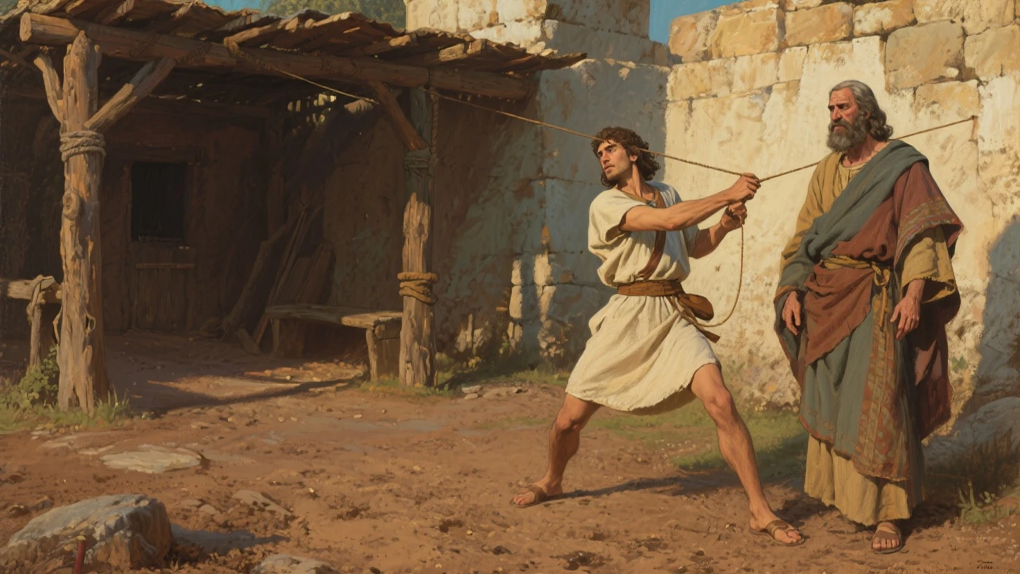 David and Goliath Bible story, David using slingshot and Goliath using sword and shield, Ancient Israel time