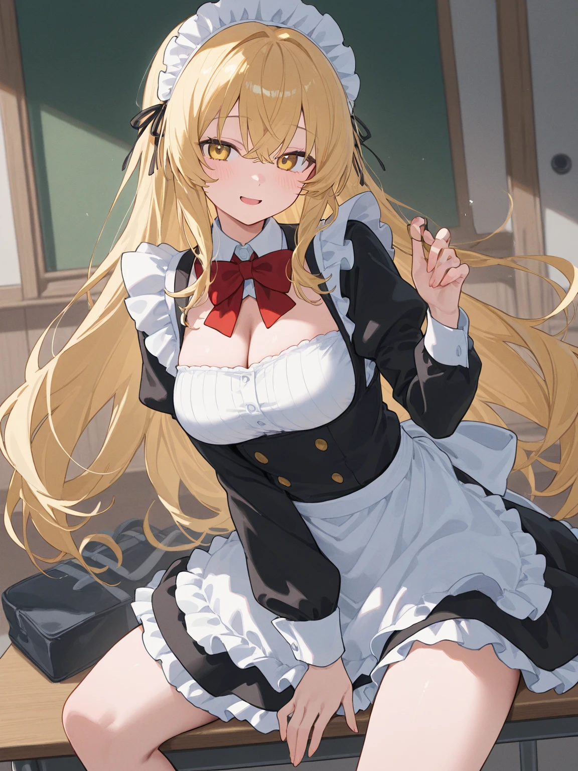 Masterpiece ,best quality , high resolution , (1 girl solo:1.38) , (mavis, long hair, blonde hair, (green eyes:1.5), ahoge, wavy hair) , (cleavage:1.2) , (medium breast:1.28) , (wear uniform , red ribbon , miniskirt , belt , stockings ) , (cleavage:1.15) , (big breast:1.1) , (face view , look at view) , (indoor, in kitchen , night , moonlight , windows ) , (leaning forward:1.3) , (standing , thighs ) , (cowboy_shot) , ( smile , open mouth , full face blush , shy )