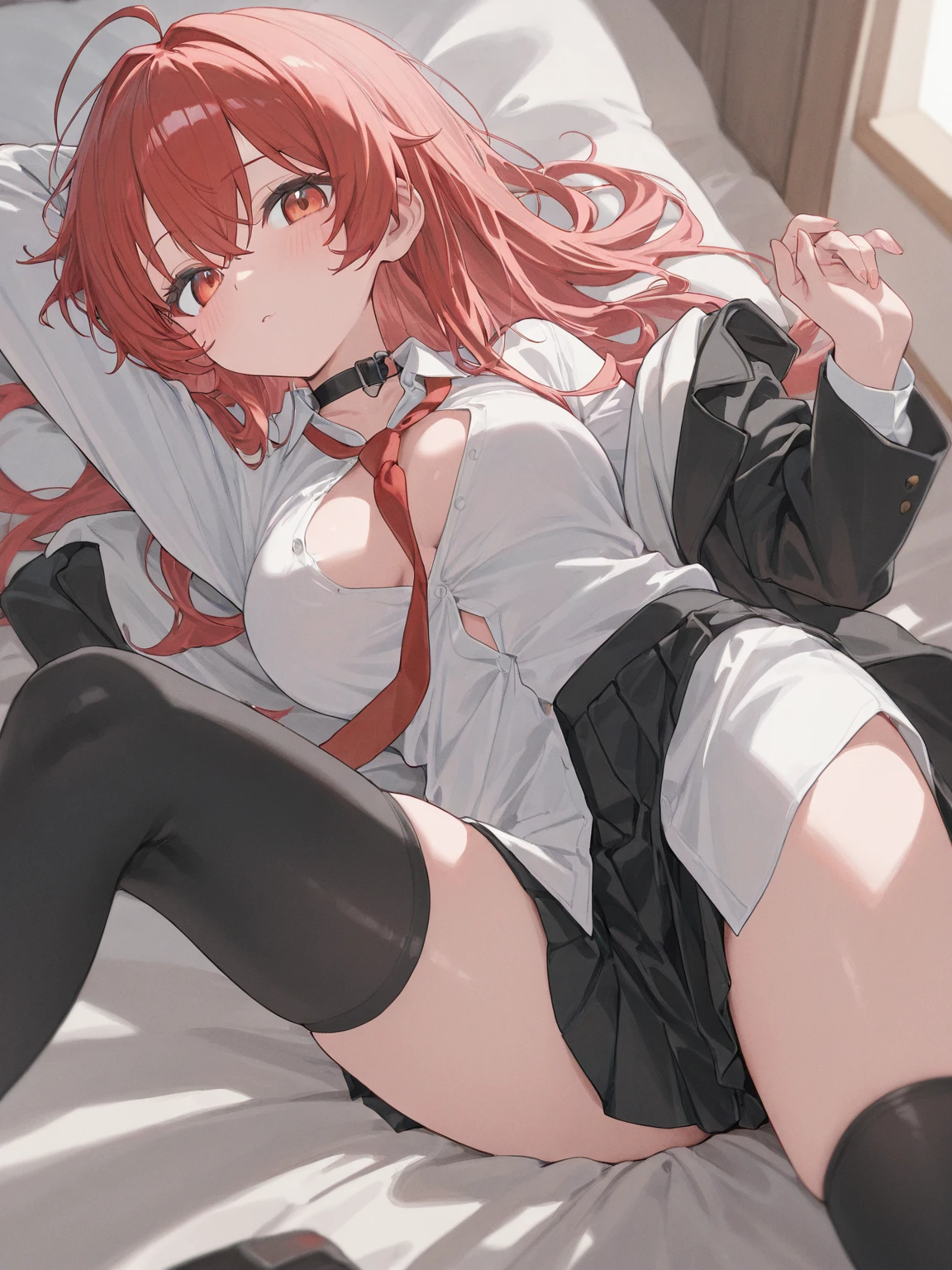 Stella Vermillion, hair between eye, Hair intact, Hair Ribbon, Long hair, (Red Eyes:1.5), Red hair, two side up Yellow Ribbon, Neck ribbon, Red hair, bow ribbon, high waist skirt, thighs highs, white blouse, looking at viewer,(masterpiece:1.2), Best Quality, High resolution, Unity 8k壁纸, (Illustration:0.8), (Beautiful detailed eyes:1.6), extra detailed face, Perfect Lighting, extremely details CG, (Perfect hands, Perfect Anatomy), (black panties:1.3),(upskirt:1.3),blush,embarrassed, Blushing, o face, Looking at Viewer, Panties, Sexy, wide hips, (thighhighs:1.3), (dildo under clothes:1.5), large breasts, (Dutch angle: 1.2), school uniform, (squatted:1.5),(front view),(legs closed:1.3)