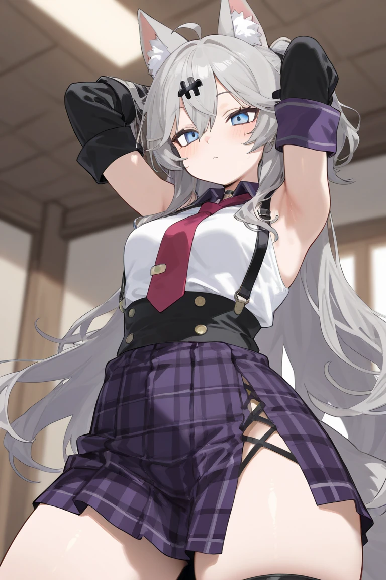 ((1 girl:1.5))、(smile:1.5)、、（cowboy shot）、(fun!!)、(white cardigan:1.5)、(dog ears)、(silver hair)、(blush:1.5)、(long hair)、(eye highlights:1.3)、blake black shoes,(黒いskirt:1.5)、bow, button, shirt with collar, long sleeve,  ((red bow tie, ,, white shirt, チェック柄のskirt:1.5、white socks)),, shirt,, skirt, socks, thighs, white shirt, Rest indoors, ((classroom:1.5))、 BREAK while watching the audience、 (perfect hands, perfect anatomy),cowboy shot、(skirtlift:1.3),(highly detailed white panties:1.3)、(highly detailed panties:1.3)、、(skirt that rolls up:1.3)、(fully exposed panties:1.5)、light blue eyes