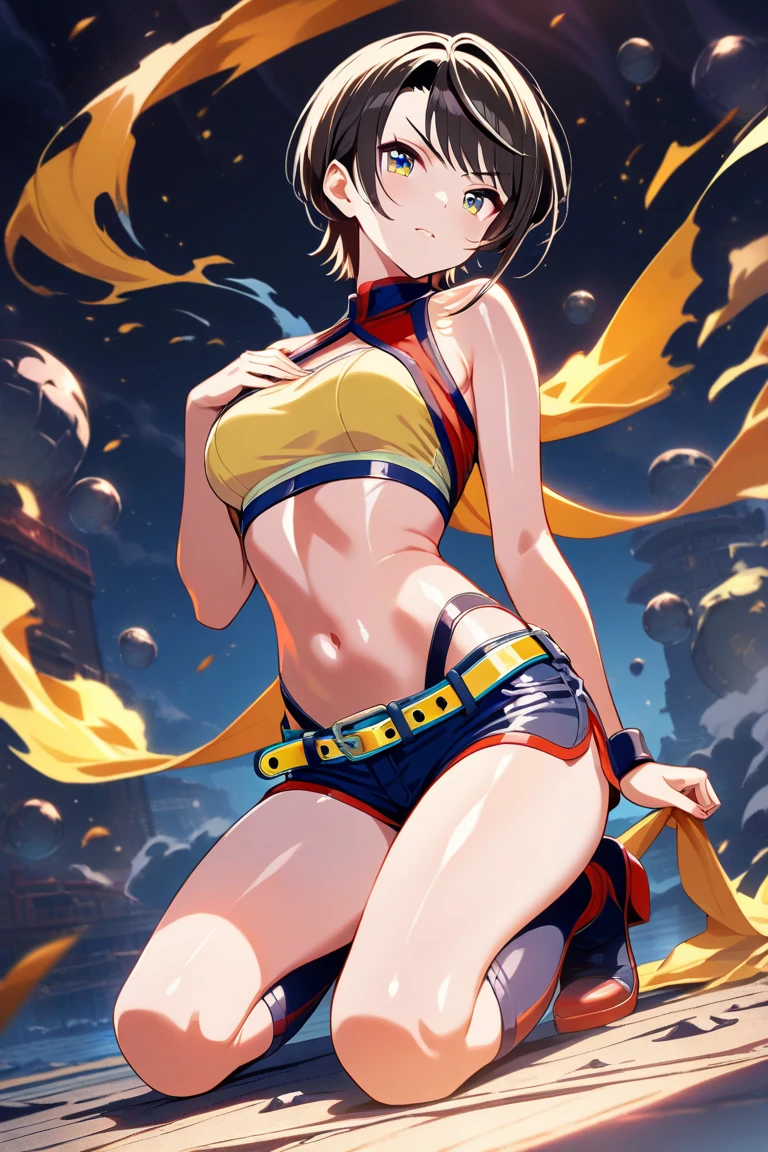 Matoi Ryuuko (Kill la kill), Fleshy thighs, Instagram pose，Dynamic angle, Show armpits, ((Croptop, Underboobs)), Nipples, C cup, Happy expression, (Entire body image:1.5), (8K, Best quality, A high resolution:1.35), (RAW photo:1.2), (Photorealistic:1.37), (Masterpiece: 1.25), Dramatic lighting, Photon maping, Symmetry, Complexity, Elegance, (1 girl), Large breast, Long eyelashes, Detailed eyelashes, Eye shadows, Glowing eyes, ((Natural makeup, Clear facial features)), ((Curvy build, Showing stomach)), ((Fine detailed beautiful eyes: 1.2)), Bad girl, Erotic, ((City background, Night))