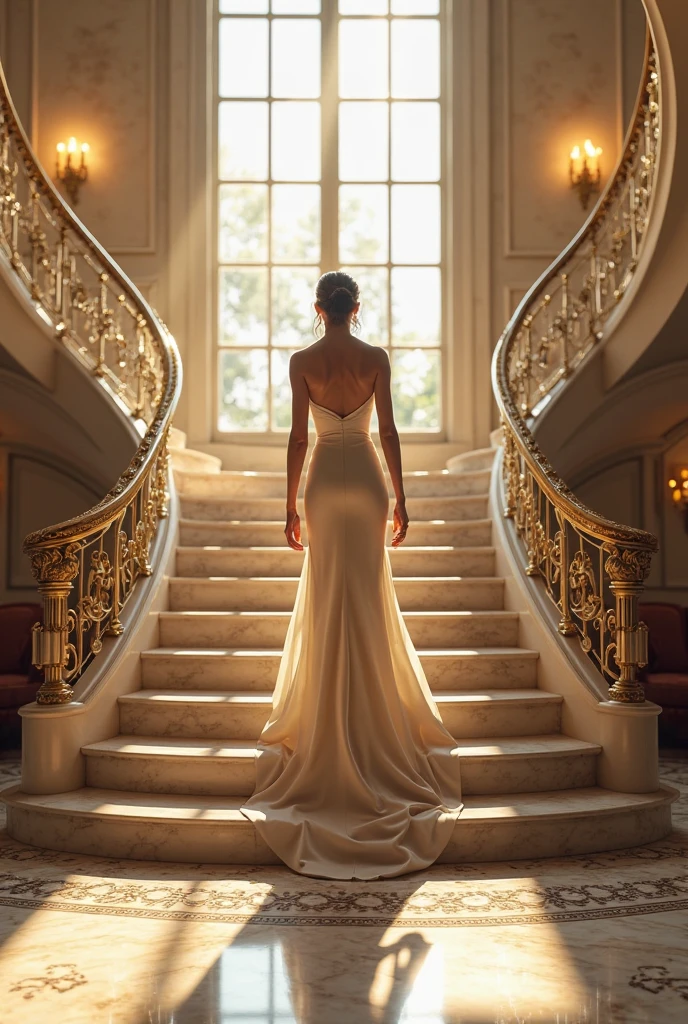 A beautiful woman walks up the stairs of a luxurious mansion at night amidst the lights.