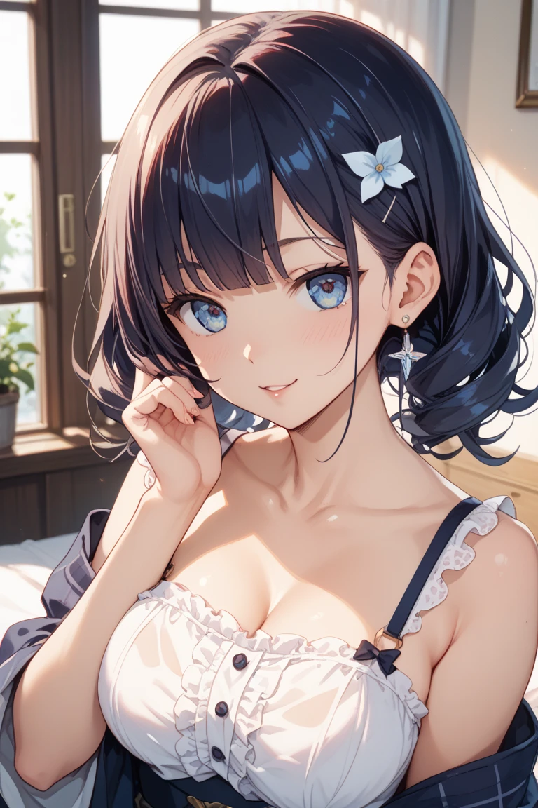 anime girl, Realistic Shadows, Detailed skin, Very small breasts, Black Hair, Very detailed, 8kのVery detailedな顔, perfect face shape, Perfect Lips, Perfect Nose, Correct beautiful eyes, Audience, White shirt, Hair Flowers, masterpiece, Highest quality, Single women, Very good, No panties, alone