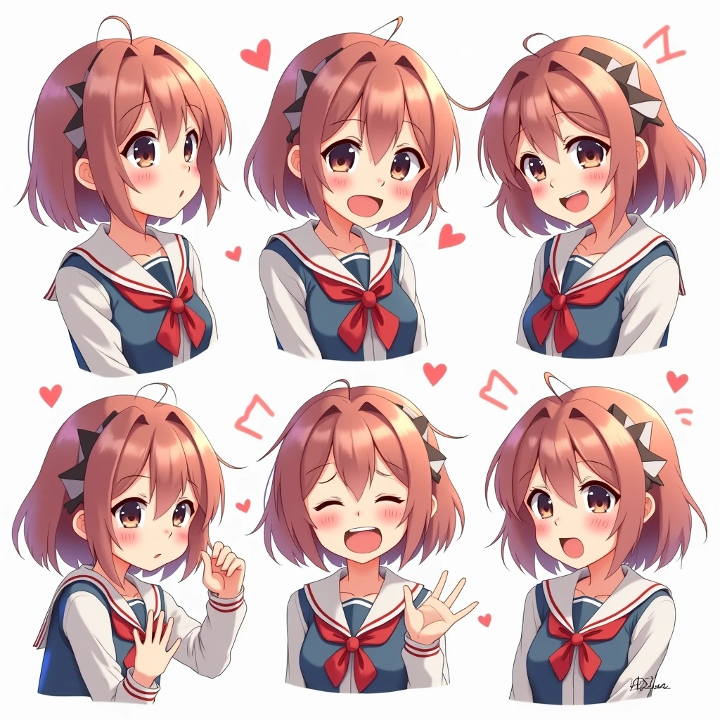 Cute anime girl in school uniform, displaying 6 different emotions in a codex layout, with large expressive eyes, blushing cheeks, and dynamic poses, inspired by the works of Noizi Ito, Mutsumi Inomata, and Range Murata, with soft cell shading, vibrant colors, and highly detailed anime art style reminiscent of pixiv and anime keyframes, on a white background.