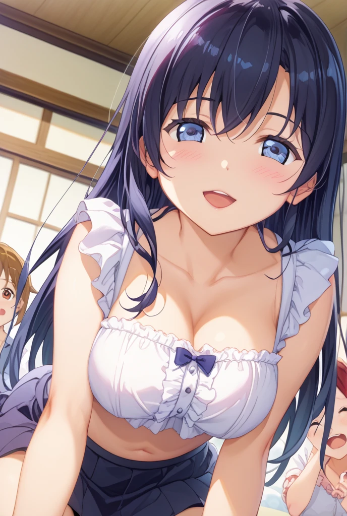 (masutepiece, Best Quality, High resolution:1.5, anime colours, megami magazine:1.2, anime poster style, anime keyvisual, sharp, 8k, photorealistic), (beautiful detailed eyes:1.5, beautiful detailed face:1.2), madoka ayukawa, 1girl, blush, (black hair, Long Hair), (sagging large breasts), (nude, nipples), upper body, (Perfect detailed Anatomy, beautiful detailed hair, beautiful detailed body:1.2, shiny skin), (thick outline, Beautiful outlines, black outlines), simple background