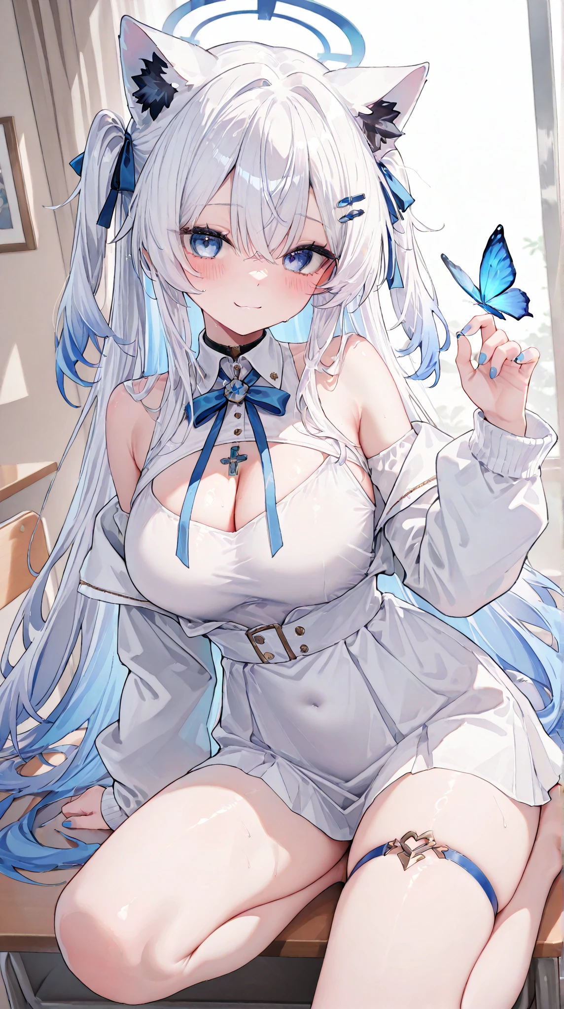 NSFW,((1man with 1woman,Having sex)), Riding on top of a naked man,vaginal,(Downview),Dynamic Angle,Ultra-detailed, Illustration, close-up, straight on, 1girll, (Fantasy:1.4), (azure blue eyes:1.233),Her eyes shone like dreamy stars,(Glowing eyes:1.233),(Beautiful and detailed eyes:1.1),(Silver hair:1.14),(hair messy,Very long hair,french braids,hair between eye,side locks), (+(bule hair flower:1.14)),(Chiffon dress,bule flower pattern in uniform)/=(Army Suit:1.24),(Detached sleeves,Wide sleeves),(Fingerless gloves),choker necklace,(miko thighhighs),high heels boots,(deadpan,Closed mouth),(Standing), (Classic princess boudoir with dressing table and floor-to-ceiling windows in white ancient palace),(white blossoms,full bloom),(abyssal),(flowingwater),(a dull blue world tree:1.14),(burst),(Night:1.2),Dreamy,souls,(fluorescent),(flying translucent blue butterflies:1.15), [[Delicate fingers and hands:0.55]::0.85],(Detail fingers),(yubao:0.5),