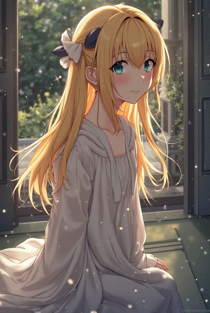 White Background, masterpiece, Highest quality, Very detailed, figure, White Background,  Selling stuffed lions,  close your eyes, cute, girl, alone, From above, Beige Hair, Long Hair, Wavy Hair, Blunt bangs, blouse, close your eyes, Wearing pajamas, Selling stuffed lions
