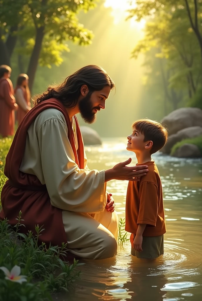 Jesus trying to pamper a 10 year old boy who is crying too much looking at jesus in the park sitting on the bench 