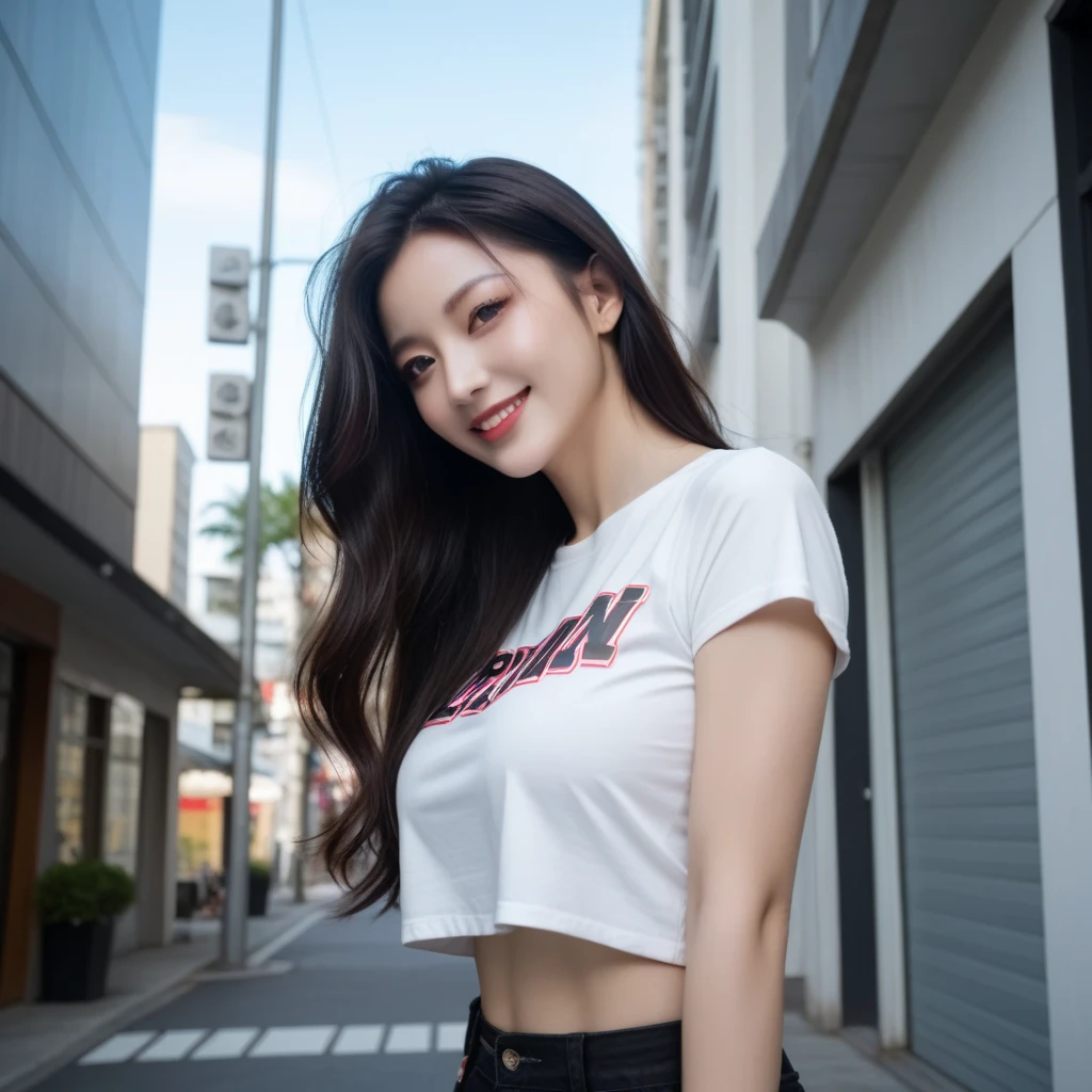 ((realistic lighting、highest quality、8k、master masterpiece:1.3))、clear focus:1.2、 、perfect body beauty:1.4、slim abs:1.1、as a whole human body、((dark brown hair、big breasts are visible:1.3))、(acceleration:1.4)、(exterior、night:1.1)、waikiki beach、Fireworks display、Palm tree、narrow side、fine eyes、double eyelid、fashion model pose、floating hair、T-shirt、meanwhile、hanguo、smile