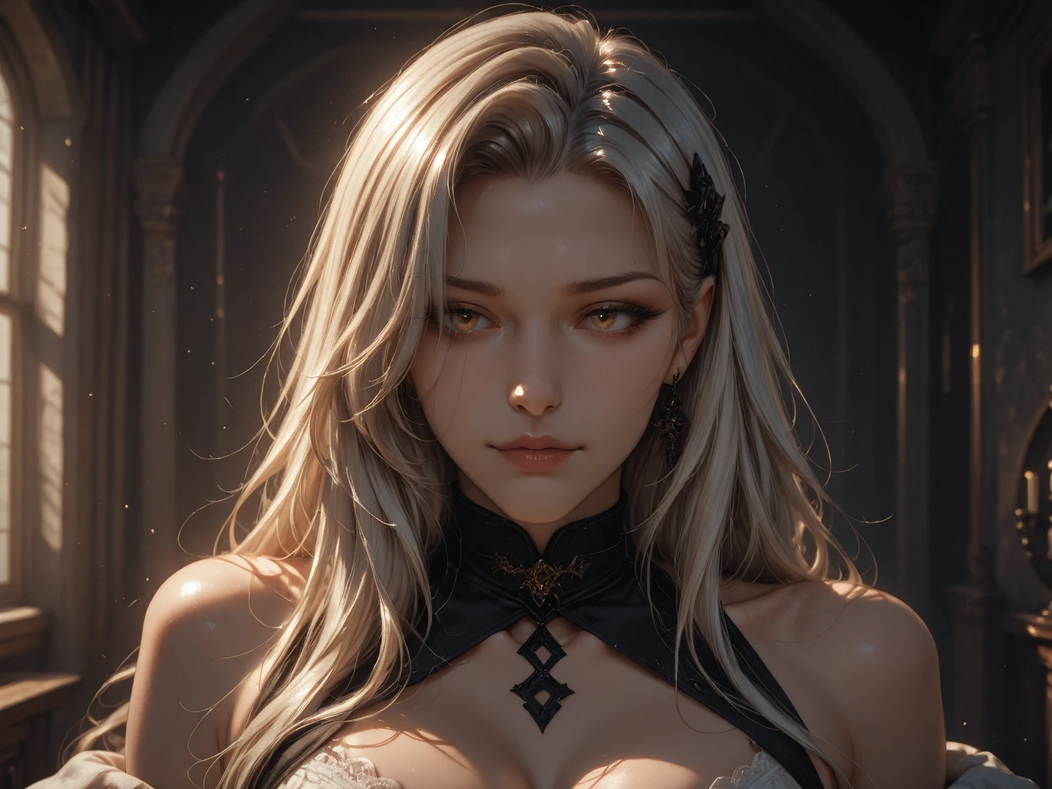 Frau ist Werwolf, body of a young woman, medium round breasts, slender body (hohe Details), Body is covered by fur, helles Fell, Wolfgesicht, lange Haare, tolles Licht,