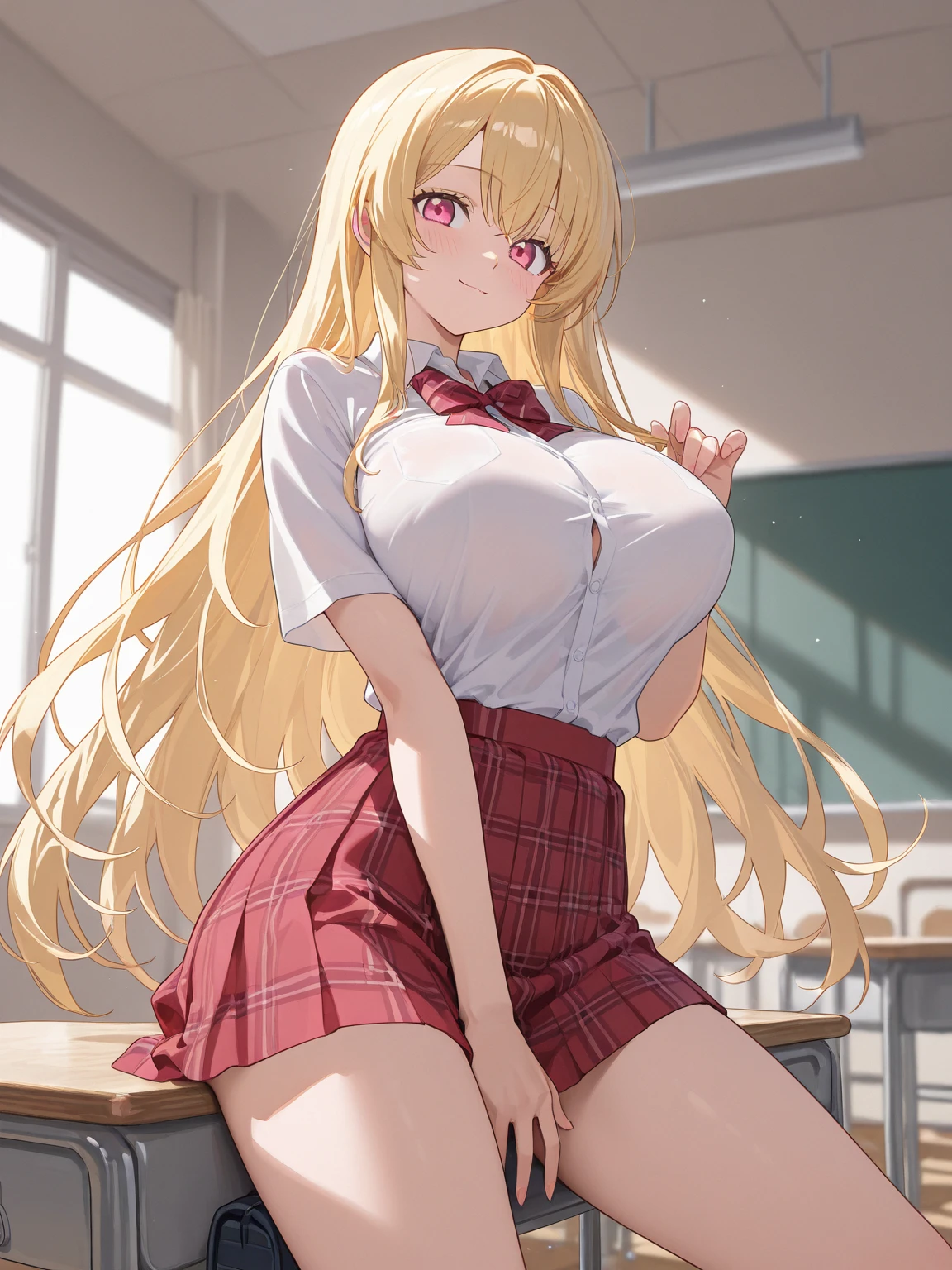 RikaJou, 1girl in, Solo, Long hair, Blonde hair, Green eyes, tusk, Smile, Standing, Squat, 8K, masutepiece, Best quality, absurderes, Perfect Anatomy, Cinematic lighting, Cowboy Shot, (School uniform:1.1), (gigantic-breast:1.0) School, yd, school ground, (s pubic hair:1.4)