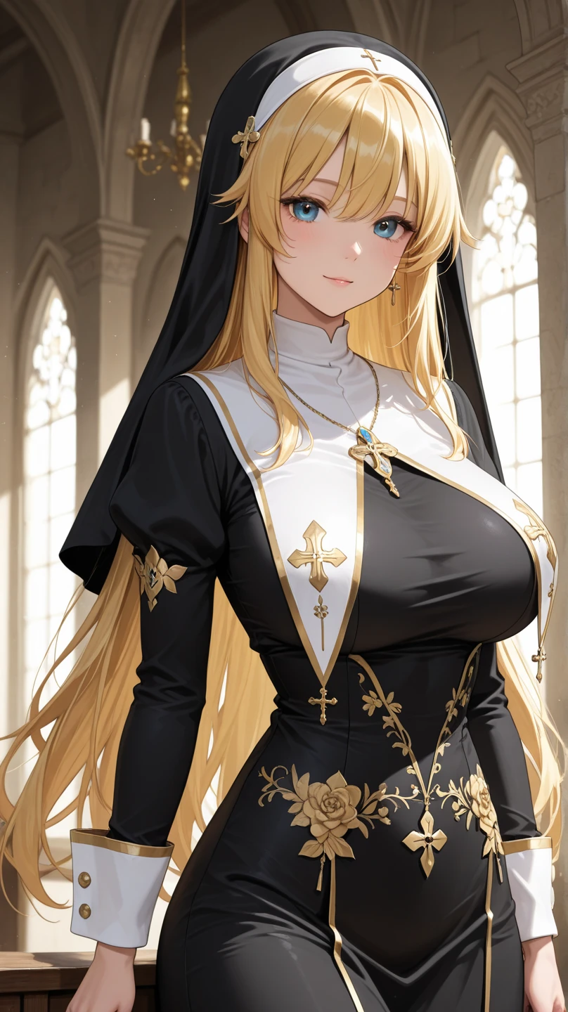 a nun girl , golden very long hair , golden big ayes , parfect face , very huge boobs, big boobs , sexy whit e nun dress , tight dress