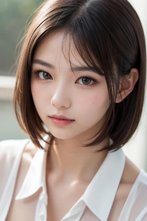 Highest quality, (masterpiece),Focus on the upper body, Close-up,(Bust Shot),Soft Light, Ultra-high resolution, (Realistic:1.4), RAW Photos,
1 Japanese girl, alone, cute, (pupil, Light in your eyes),  Beautiful face in every detail, (Small box),(High resolution detail of human skin texture),
(Long bob cut hair),(Medium length hair),(Black Hair),(((薄い青色のpupil))),Light lipstick,輝くpupil,Soft lips,
indoor,
Damask Shirt Dress,
(Portraiture)