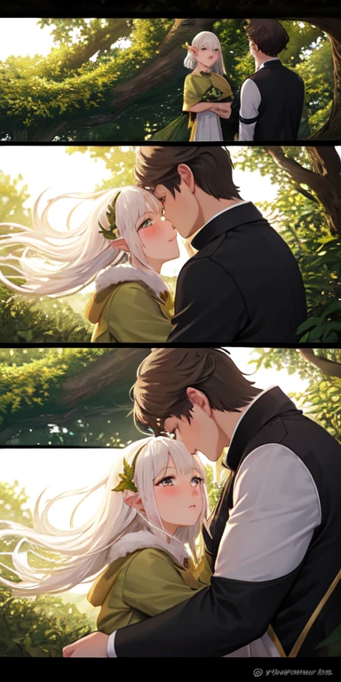 masterpiece, best quality, unity 8k wallpaper, illustration, very detailed, ((shame, excitement , 1 white female elf,1 dark skinned man, first sound)), ,whole body, nakedly,,, whole body 노출, sweat, Warmth, solid, big bust ((In a medieval village))(((kiss)))
