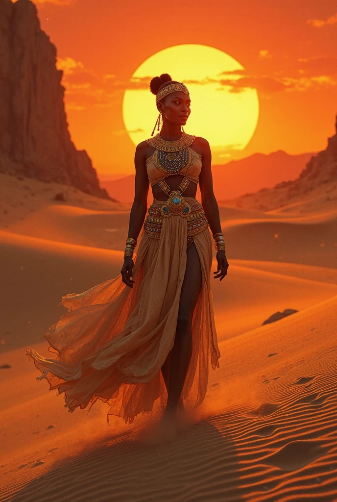 A mesmerizingly vibrant moth gracefully flutters around an African black woman, who confidently strides through the vast expanse of the desert. The scene exudes an otherworldly aura, reminiscent of an album cover that captures the essence of aestheticism. In the backdrop, footprints in the sandy desert radiate with an iridescent glow, as if illuminated by the ethereal light. The surreal photography transports us to a night-time setting, where the moon and stars adorn the darkened sky, casting a dreamlike ambiance.