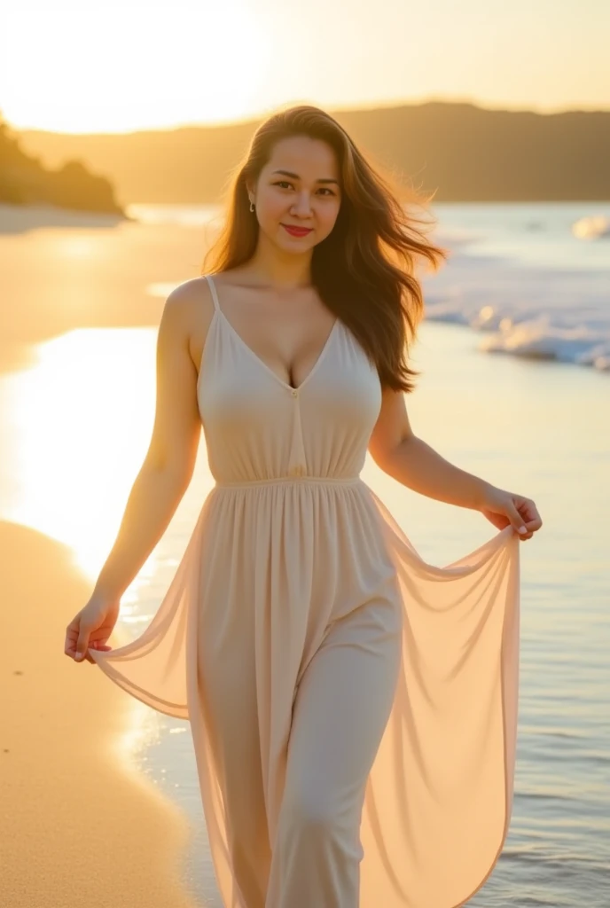 a woman at the beach captures the allure of a perfect figure with long hair, wearing a sexy yellow dress with open front, perfect breasts, detailed skin, elegant, alluring, attractive, amazing photograph, DSLR, 80mm Sigma f2, depth of field, intricate natural lighting