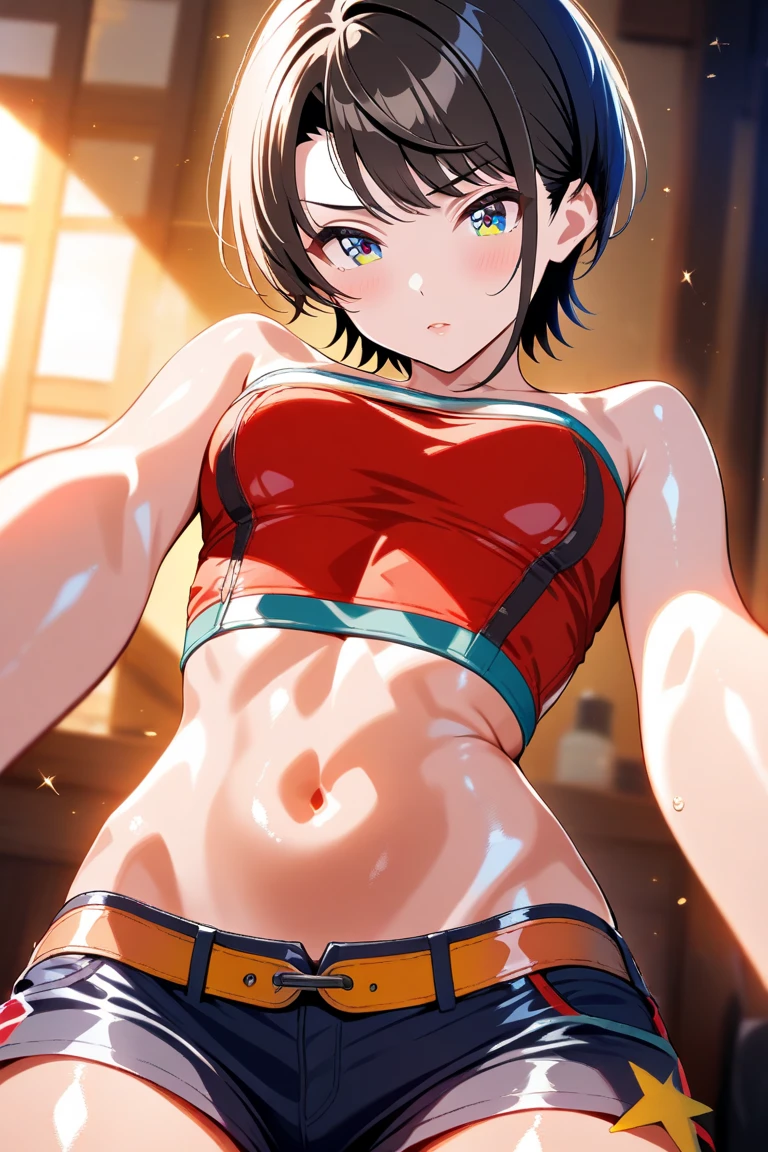 masterpiece, Highest quality, Very detailed, super illustration, Completely naked, Very delicate and beautiful, Official Style, Depth of written boundary, Very detailed, Very detailed, so beautiful, Complex, Overall Details, wonderful, Perfect Anatomy, View your viewers, Black Smoke, Faint Light, sSunburnding, Face to face, ((Blue Locker)), Teen, (One girl, alone), Brown Hair, (Very short hair, Messy Hair), Brown eyes, (((Red Athletics))), Embarrassing, Faint lips, Medium chest, Sports competition, belly button, Sunburn, bikini Sunburn, (((Sweat, Sweatをかいた))), (vapor, vaporing body, Humidity, fog), Wet, Oil, Glowing Skin, (((Raise the hand, Armpit odor))), (((odor)))