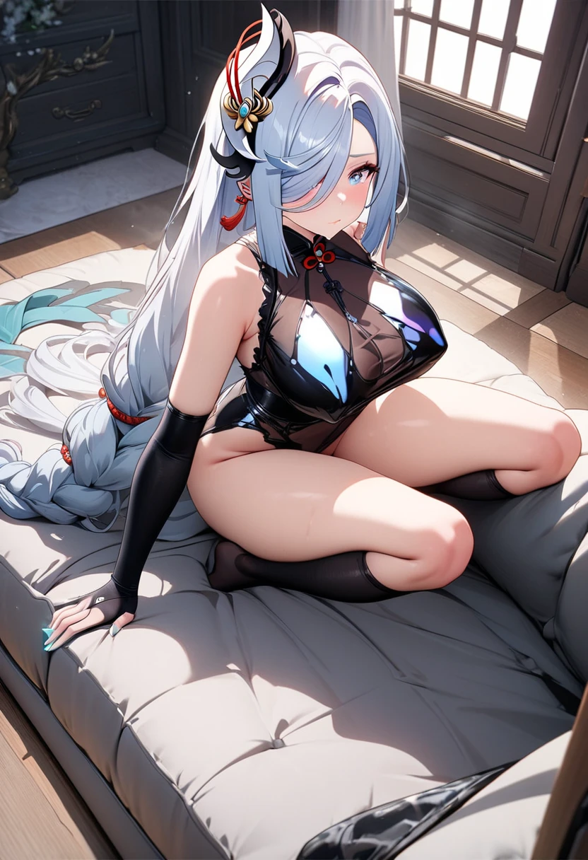 (Enrich the picture,Masterpiece level quality)Beautiful 8K CG artwork,Goddess-like posture,Kneeling exercise,Slim and soft,Translucent skin,White hair、The beauty of extra-long hair, Super Long Straight Hair,The skin is fair and juicy,Underwear uniforms,Perspective Part 1.2x enhanced silhouette effect,Exquisite transparent blues pattern in pajamas,The details are intricate and exquisite,The background is slightly blurred,Charming and lustful leg seduction,Drool,Extra-large big breasts,Blush,Japan goddess,Perfect body slim curves,