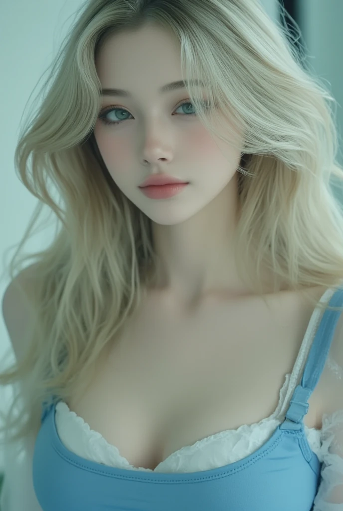 (Highest Quality,4K,8K,High Resolution,Masterpiece:1.2),Super Detail, (Realistic,Photorealistic,Photorealism:1.37),Full Body Portrait,One Girl,Perfect Hourglass Illustration,Exquisite Features,Mysterious Eyes,ColourfuFloral Dress,Bare Shoulders,Blushing,Shy,Blonde Long Hair, Looking at audience, Large breasts, Depth of written border, High definition image, Thin waist
