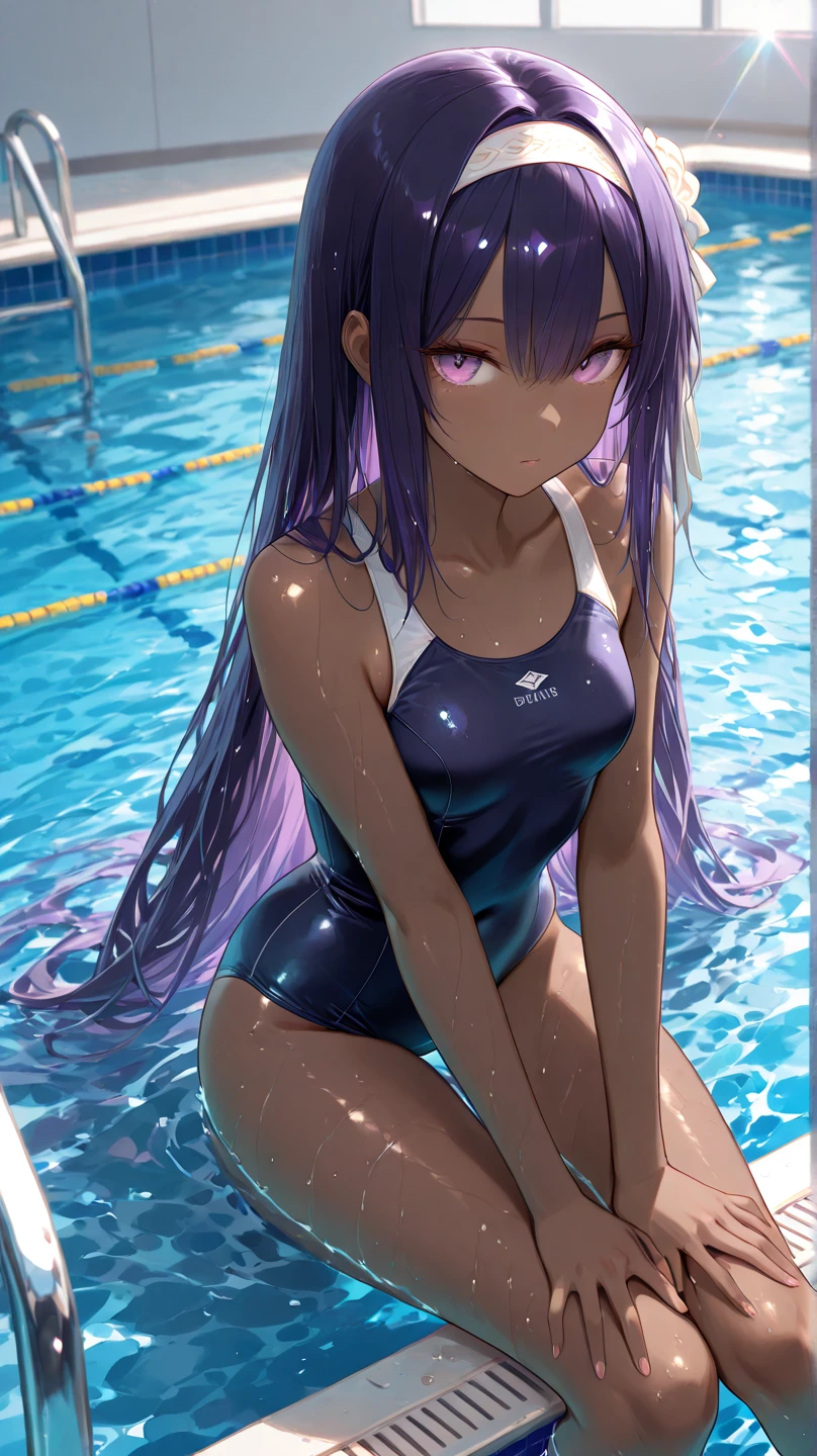 standing split, swimsuit, standing on one leg, black one-piece swimsuit, standing, leg up, split, one-piece swimsuit,  background, in the pool, medium breasts, looking at viewer,, solo, 1girl, long straight purple hair, purple clean eyes,