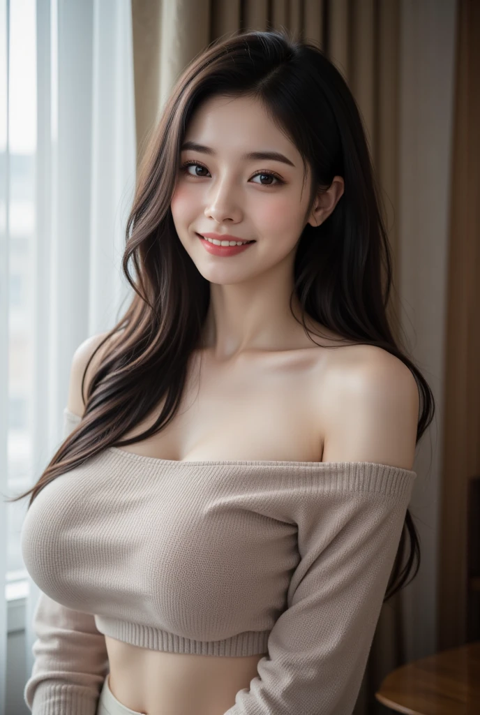 Prompt
candid shot , looking at viewer, Girl , with long dark straight hair, wearing white cleavage off-shoulder sweater, on a bed in a sunlit bedroom , studio light filters , creates a clean, minimalist look, relaxing, happy , sunlight , white skirt,