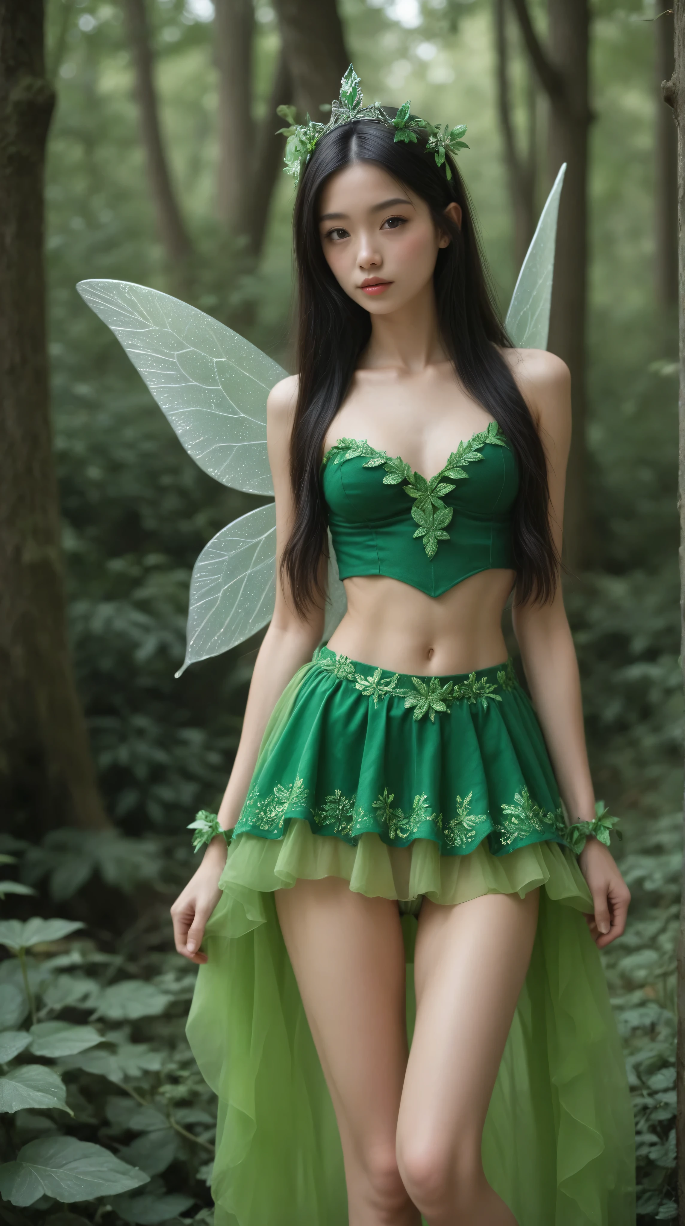 Faery with ((Insect wings)) that looks Verry Cute, sitting on Mushroom ,green under clothes, bare midriff, Holding A Big Leave as Umbrella