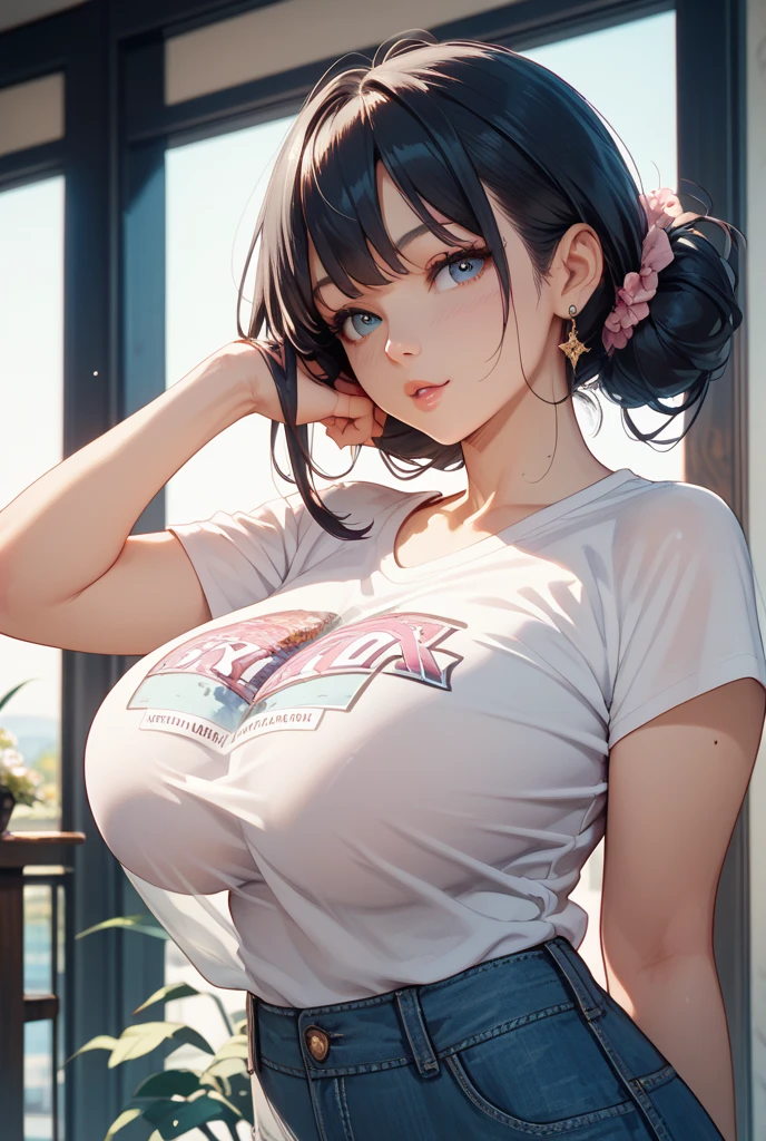 realistic, 1girl, long brown hair, hazel eyes, glowing eyes, crop top, skirt, parted lips, blush, night, flowers, sun, sunlight, large breasts, nipple imprint on shirt