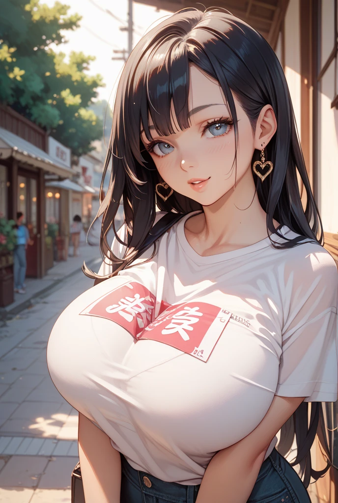 girl, standing, upper part of body, ((huge breasts)), long black hair, Red T-shirt, jeans