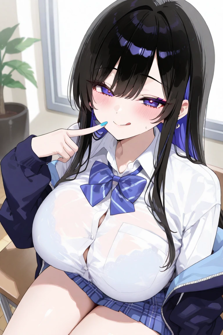 masterpiece,best quality,1girl,popsicle,popsicle_licking,blush,tongue, upper body,long sleeves, white shirt, pantyhose, pleated skirt, black pantyhose, green skirt, blue cardigan,in bedroom