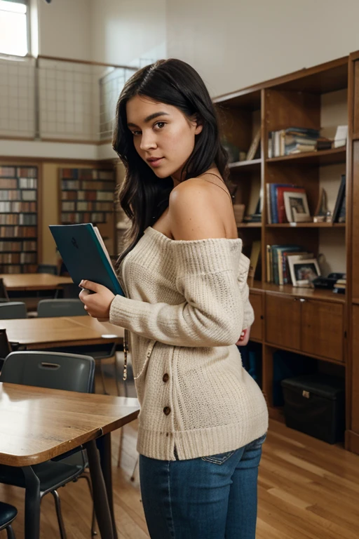 Sexy tall dark hair brunette, slightly wavy hair, 175cm tall, perfect body, in a casual outfit, standing in a bookstore, with a favorite book in hand and a hint of cleavage showing, raw photo, realistic UHD, 8k, realistic skin shadows, realistic skin texture, playboy photoshoot