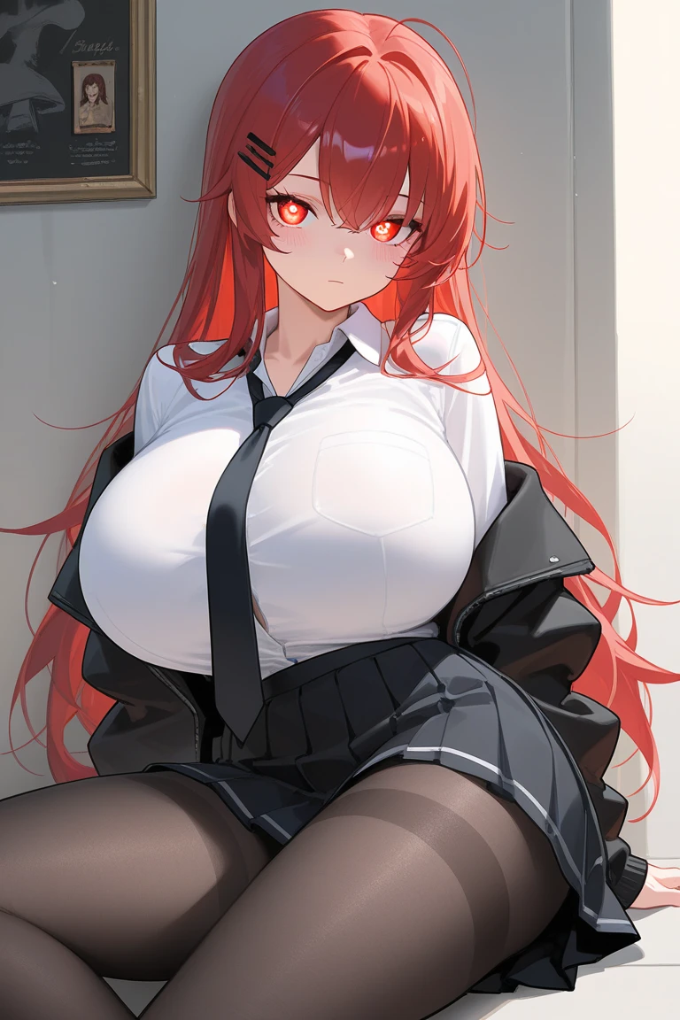 My name is Hikaru, I am a white test doll with long red hair and black eyes. I am 1.60 cm tall and weigh 56 kg. My breast sizes are 300 cm, my waist is 60 cm and my hips are 200 cm. Dressed in a long blue jacket and a garter belt along with a black thong. With big breasts 310 cm . Sitting in a desk chair