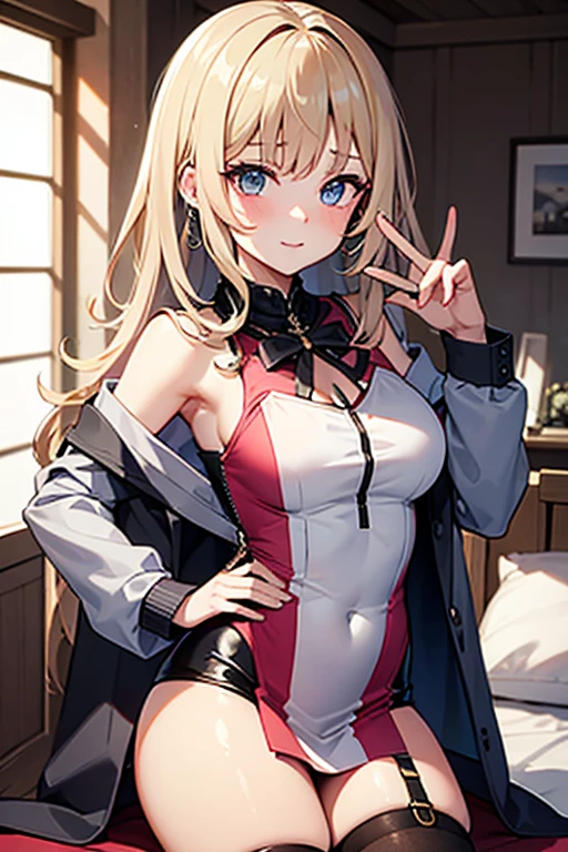 Highest quality, masterpiece, No correction, Beark,shinosawa hiro,thin,Orange eyes,White eyelashes,Blonde,Long Hair,Hair Clip,Track jacket,cute panties, Head Focus, Open shirt,flat chest,white background,barefoot,lying,