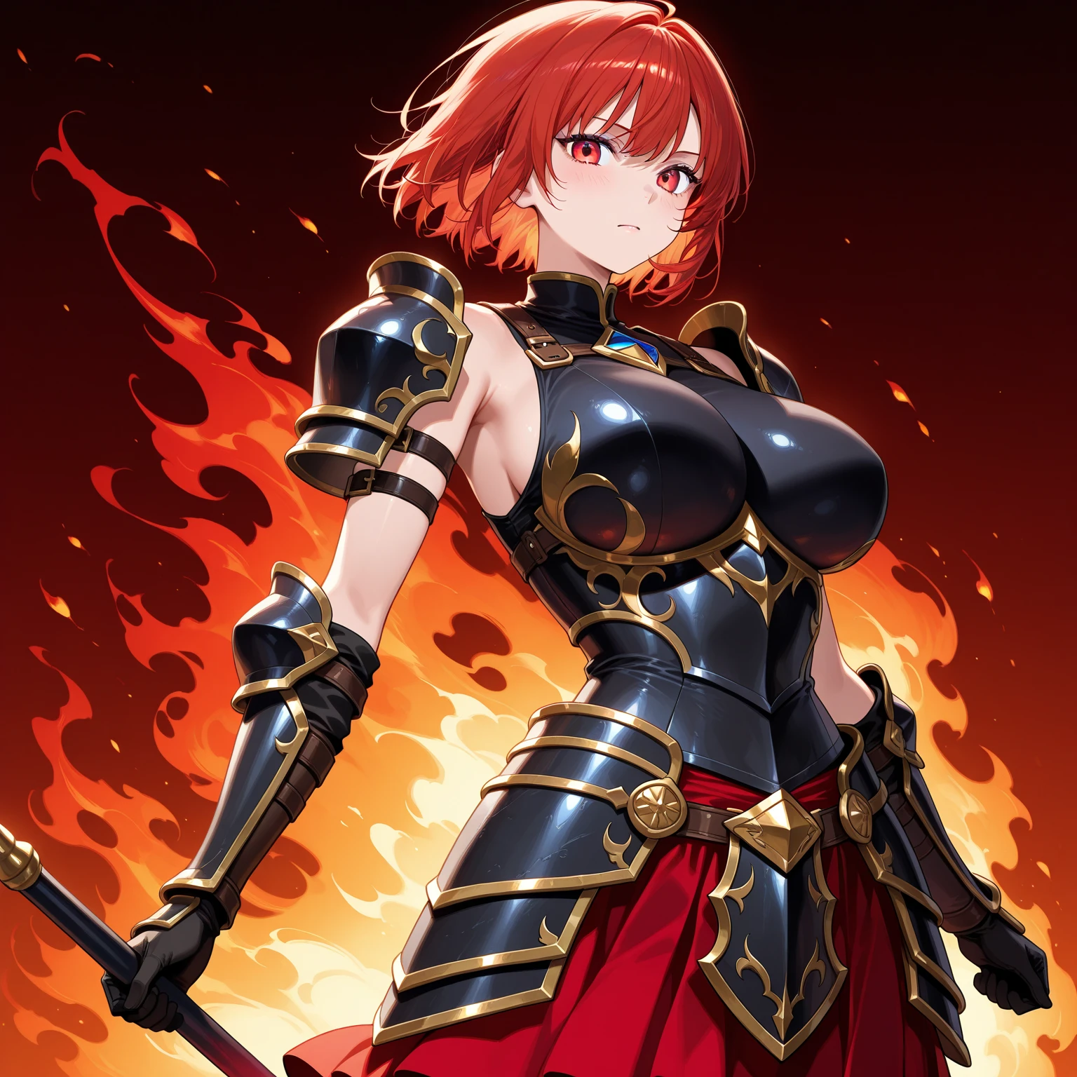 (absurdres, high fantasy artwork, best high quality image, carefuly detailed, very detailed features and textures, warhammer fantasy aesthetic)
{{1character: 25 years old red haired barbarian girl, (scarlet red short hair, purple eyes with black pupils, face with blood, very thin lips with blood, white skin with blood, wearing full armor dirt with blood, attack pose, very serious face, no sense of humor), (full bulky knight armor with blood, full bulky shoulder plates with blood, full armored bulky-breast-plate-armor-no revealing-skin dirt with blood, full gauntlets plates, full elbow plates, full plate boots), (her weapon: broad sword on her back), (celtic city battle scene in fire)}}