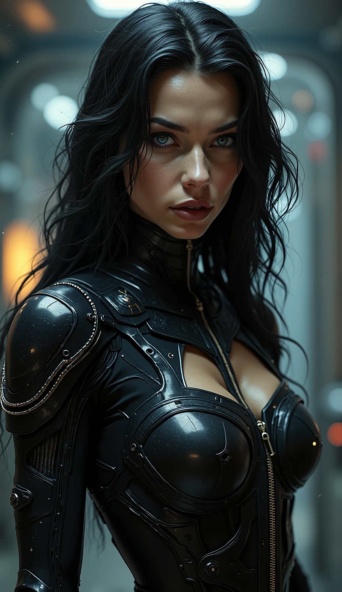 A female Chiss with blue skin, black hair, and red eyes, wearing a black jumpsuit, tool belt, in a full body pose, standing next to a window in the hallway of a spaceship, (best quality,4k,8k,highres,masterpiece:1.2),ultra-detailed,(realistic,photorealistic,photo-realistic:1.37),detailed cyberpunk character, hyper realistic, highly detailed face, intricate details, dramatic lighting, sci-fi, cinematic, moody atmosphere, cinematic lighting, dramatic lighting, vibrant colors, depth of field