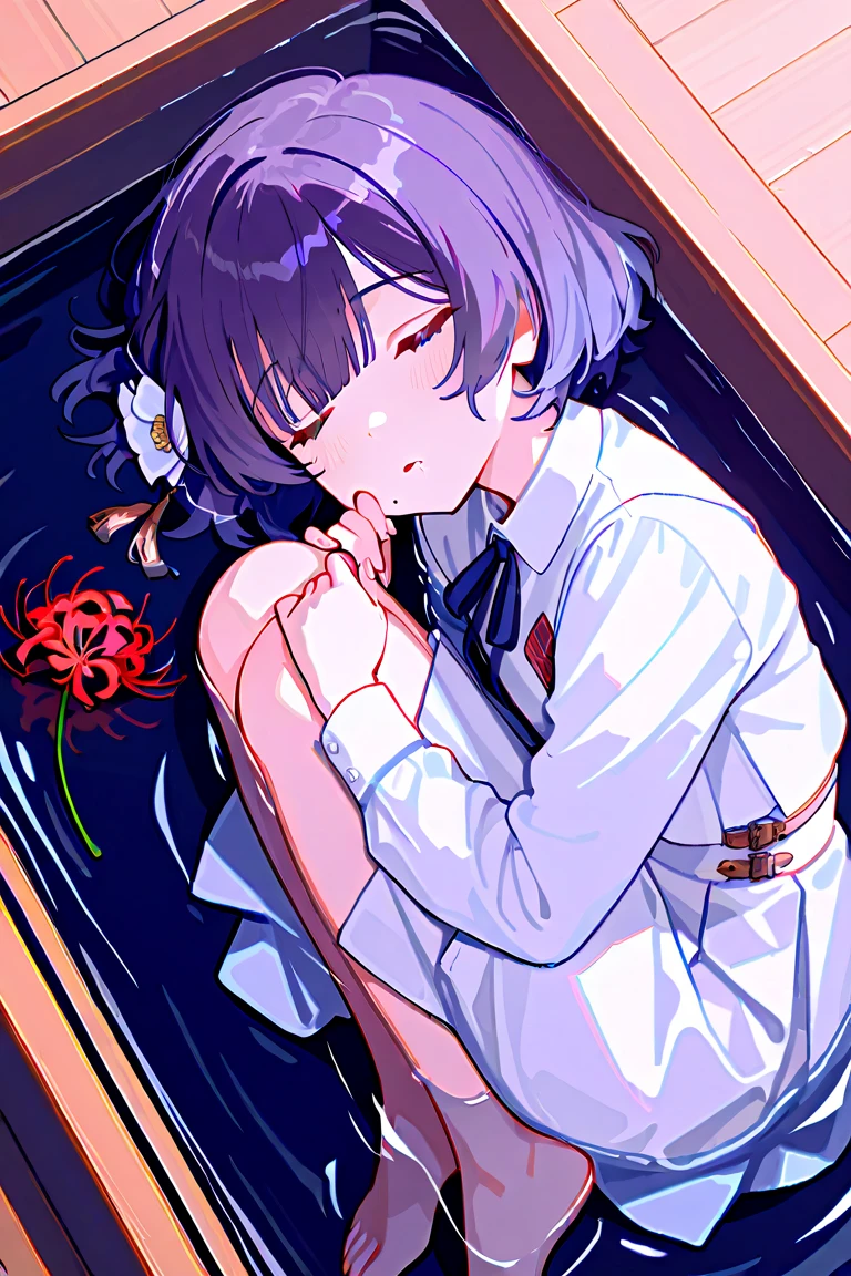 1girl、Scabiosa、Mourning clothes、Red puddle、「Unhappy Love」「I lost everything」、Blood tears、empty eyes、tegaki