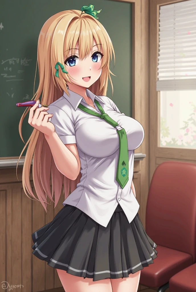 Huge , smile, cleavage, upperbody, yukanayame, yukana yame, long hair, bangs, blonde hair, hair between eyes, (green eyes:1.5), ponytail, multicolored hair, scrunchie, high ponytail, lipstick, gyaru, kogal, makeup, red bowtie, BREAK skirt, shirt, jewelry, , collarbone, white shirt, pleated skirt, collared shirt, miniskirt, bracelet, green skirt, BREAK looking at viewer, full body, BREAK indoors, classroom, BREAK (masterpiece:1.2), best quality, high resolution, unity 8k wallpaper, (illustration:0.8), (beautiful detailed eyes:1.6), extremely detailed face, perfect lighting, extremely detailed CG, (perfect hands, perfect anatomy