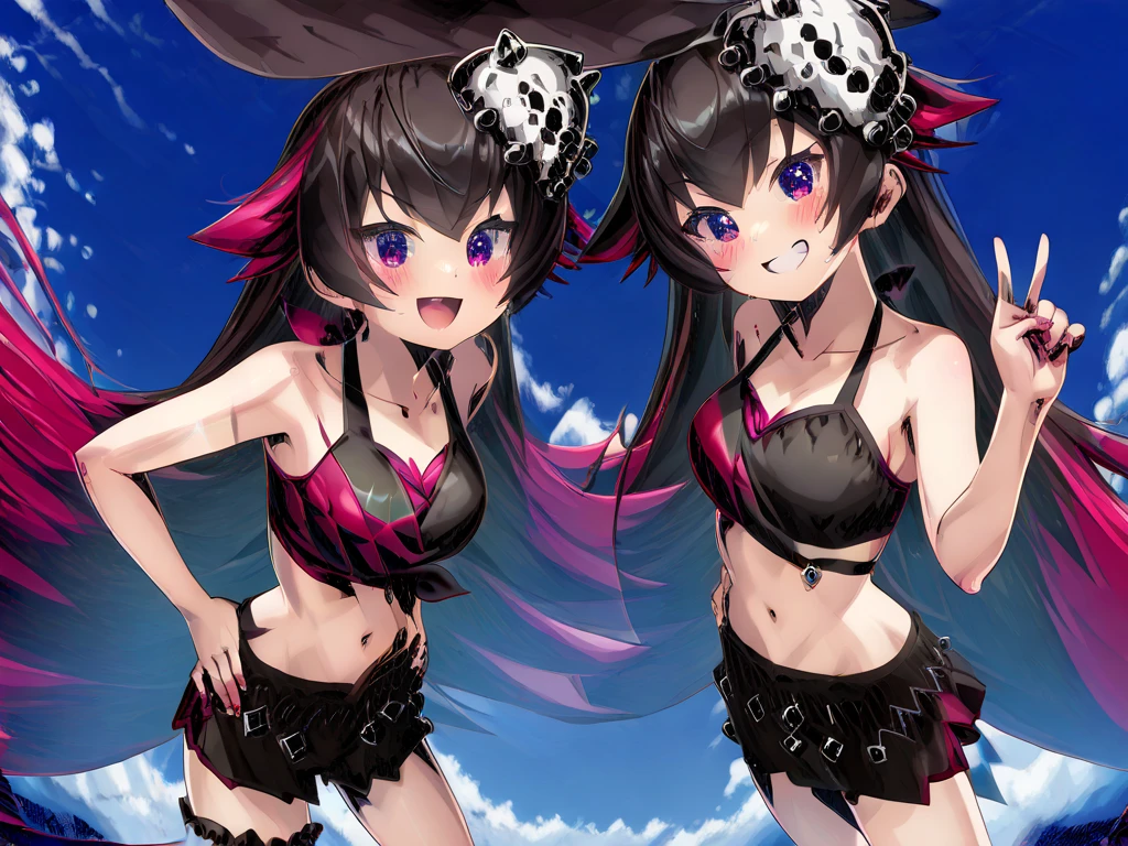 Score_9、Score_8_up、Score_7_up、Score_6_up、Score_5_up、Score_4_up、source_アニメ、aaibuki、Long Hair、Multi-colored hair、Double dango、Twin tails、hair ornaments、horn、Earrings、Red eyes、Color Skin、tail、choker、Striped tie、white micro bikini、High leg、Fishnet thighs、、Put your hands on your hips、Frowning、Beach