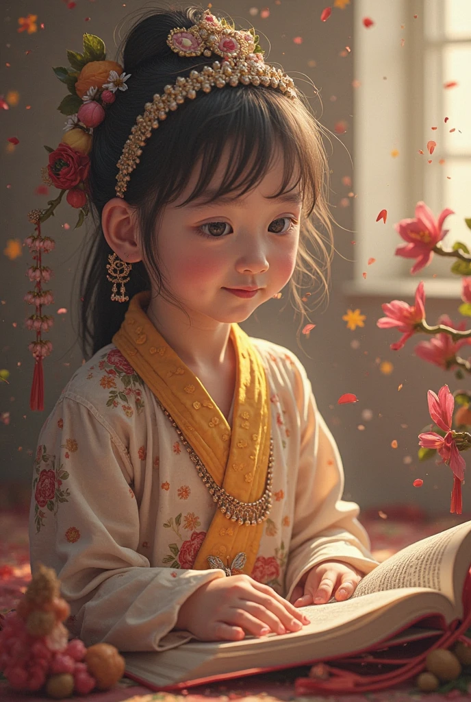 cinematic angle,( cute female child,anatomically correct,full body,Masterpiece camellia,Masterpiece Hanfu,smile),(illustration,paper art,a 3D render),(extremely colorful, Best quality, high detailed, Masterpiece, Cinematic Lighting, 4K, Chiaroscuro)