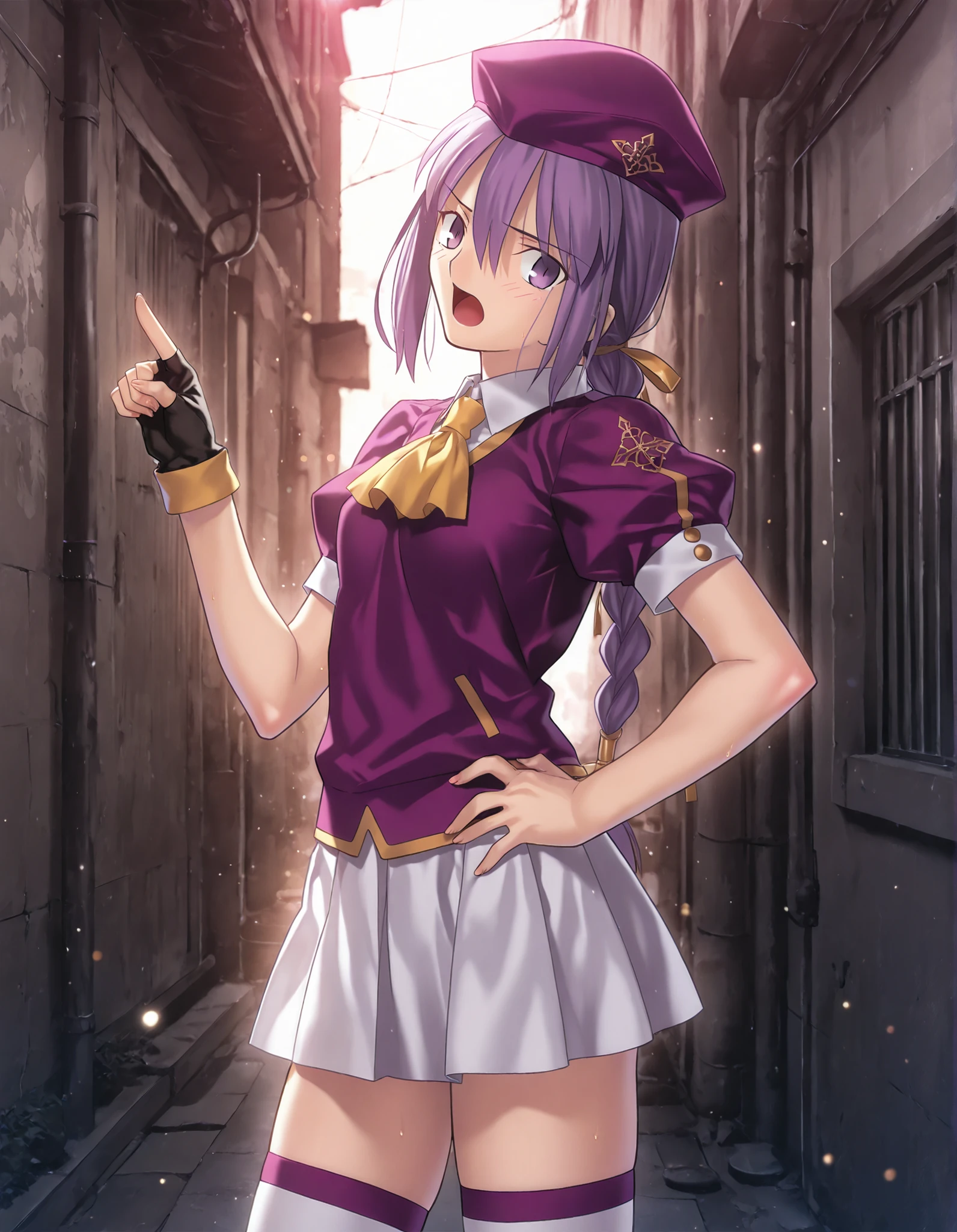 masterpiece, , absurdres, highres, detailed background, high resolution, masterpiece, necessary, detail, best quality, quality, necessary, details, High details, Precise, dark, outdoors,(colorful light particles, powder light, Alley), day lens flare, blurry background, from side,
1girl, Takeuchi Takashi (type-moon,tsukihime) style, takeuchi takashi style, (aged up), (hand on own hip, pointing), ,yelling out,
girl, (mature, slender body, slim arms, slim bod), (Sion) Eltnum (Atlasia) ,sion eltnam atlasia,(fate), purple hair , purple eyes, half-closed eyes, tsurime, hair between eyes ,long bang, long hair , braided hair , braided ponytail , yellow ribbon , EltnumOutfit ,small breasts, light purple sweater ,puffy short sleeves, collared undershirt , white undershirt , undershirt , yellow ascot ,(short sleeve), ,white skirt ,miniskirt , gold trim ,white thighhighs ,single glove ,fingerless glove, black glove ,dark purple beret, ,((head tilt)), looking at viewer,(small breasts), ,