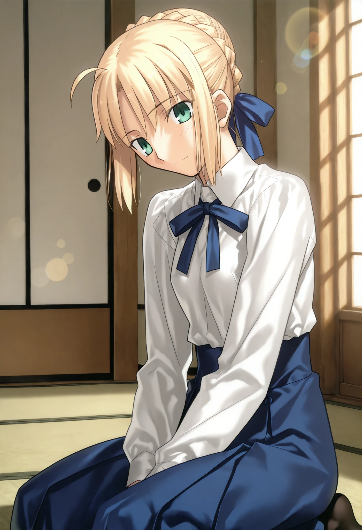 masterpiece, , absurdres, highres, detailed background, high resolution, masterpiece, necessary, detail, best quality, quality, necessary, details, High details, Precise, dark, indoors, (Japanese style room,),day lens flare, blurry background, close up,(head tilt),(from side),
1girl, Takeuchi Takashi (type-moon,tsukihime) style, takeuchi takashi style, (aged up),(look stupefied), sitting, seiza, on floor, ,
girl, (mature, slender body, slim arms, slim bod),artoria pendragon (fate), saber (fate), blonde hair, green eyes, ahoge, hair ribbon, blue ribbon, french braid, braided bun, single hair bun, short hair, sidelocks, neck ribbon, blue ribbon, white shirt, collared shirt, long sleeves, blue skirt, high-waist skirt, long skirt, black pantyhose, small breasts, (upper body),