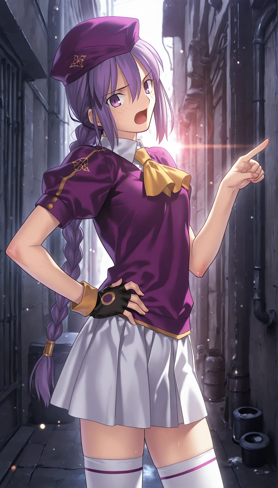 masterpiece, , absurdres, highres, detailed background, high resolution, masterpiece, necessary, detail, best quality, quality, necessary, details, High details, Precise, dark, outdoors,(colorful light particles, powder light, Alley), day lens flare, blurry background, from side,
1girl, Takeuchi Takashi (type-moon,tsukihime) style, takeuchi takashi style, (aged up), (hand on own hip, pointing), ,yelling out,
girl, (mature, slender body, slim arms, slim bod), (Sion) Eltnum (Atlasia) ,sion eltnam atlasia,(fate), purple hair , purple eyes, half-closed eyes, tsurime, hair between eyes ,long bang, long hair , braided hair , braided ponytail , yellow ribbon , EltnumOutfit ,small breasts, light purple sweater ,puffy short sleeves, collared undershirt , white undershirt , undershirt , yellow ascot ,(short sleeve), ,white skirt ,miniskirt , gold trim ,white thighhighs ,single glove ,fingerless glove, black glove ,dark purple beret, ,((head tilt)), looking at viewer,(small breasts), ,