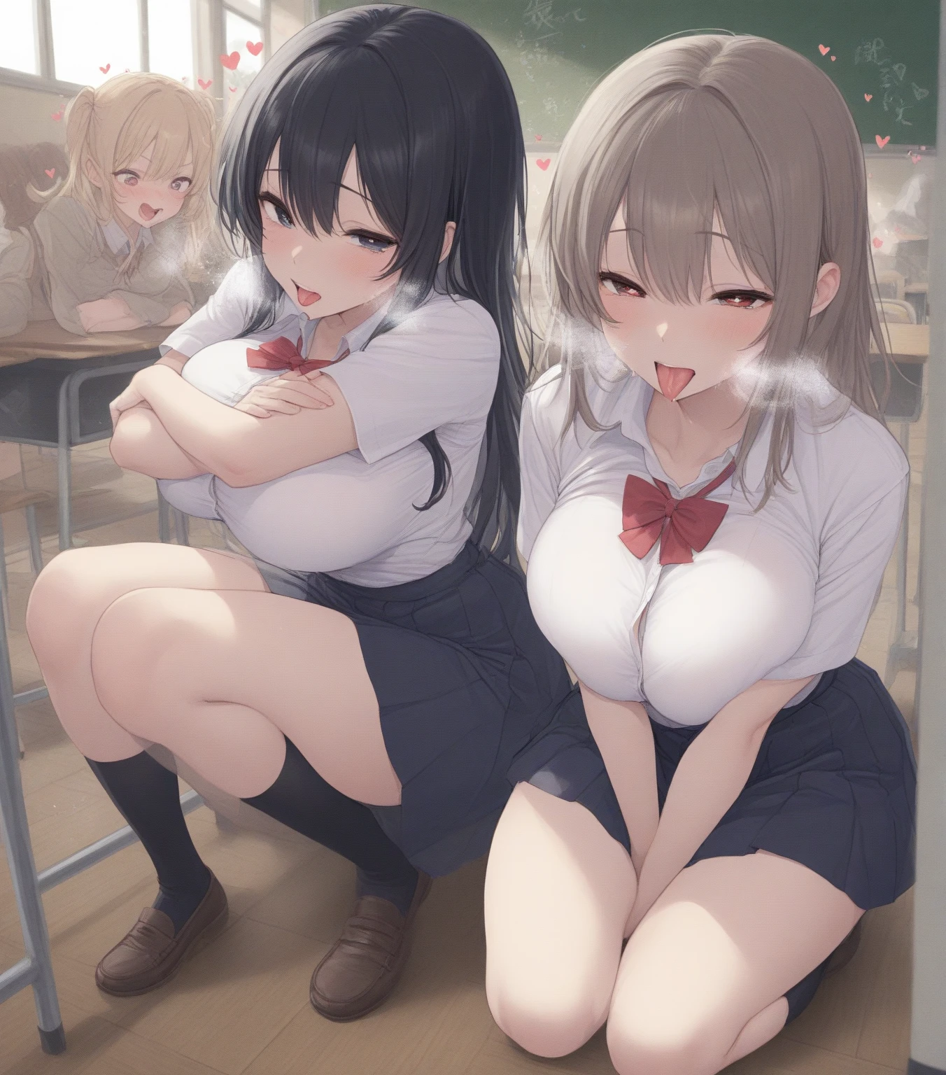 NSFW, (master piece, highest quality), three girls, Cover your breasts and crotch with your hands, bra is visible, nipples are visible, 15 years old, school locker room, pull down your sexy white panties, Lift up the pleated skirt with your hands, (In the middle of taking off your panties), fluffy pubic hair, ((Change of clothes)), wide angle, best lighting, best shadows, (open your mouth a little), (surprised expression), chatting, Photographed from the shadows, low twintails, high ponytail, curl bob hair, a shy look, from behind